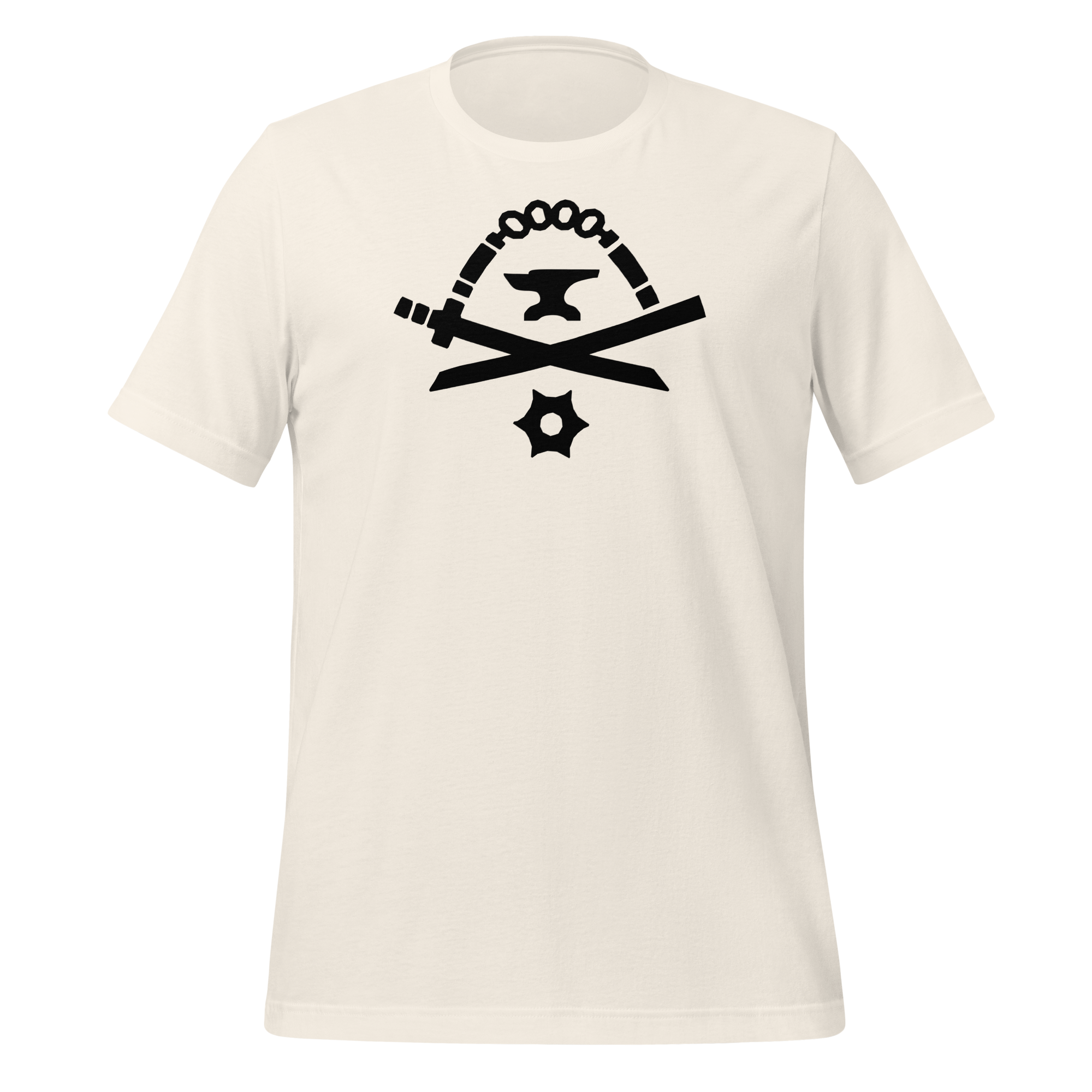 Vintage white 100% airlume cotton t-shirt featuring classic fan-made black golden weapons ninja blacksmith shop logo design. Item is a BRKDrip AFOL essentials shirt with a modern elemental brick master aesthetic.