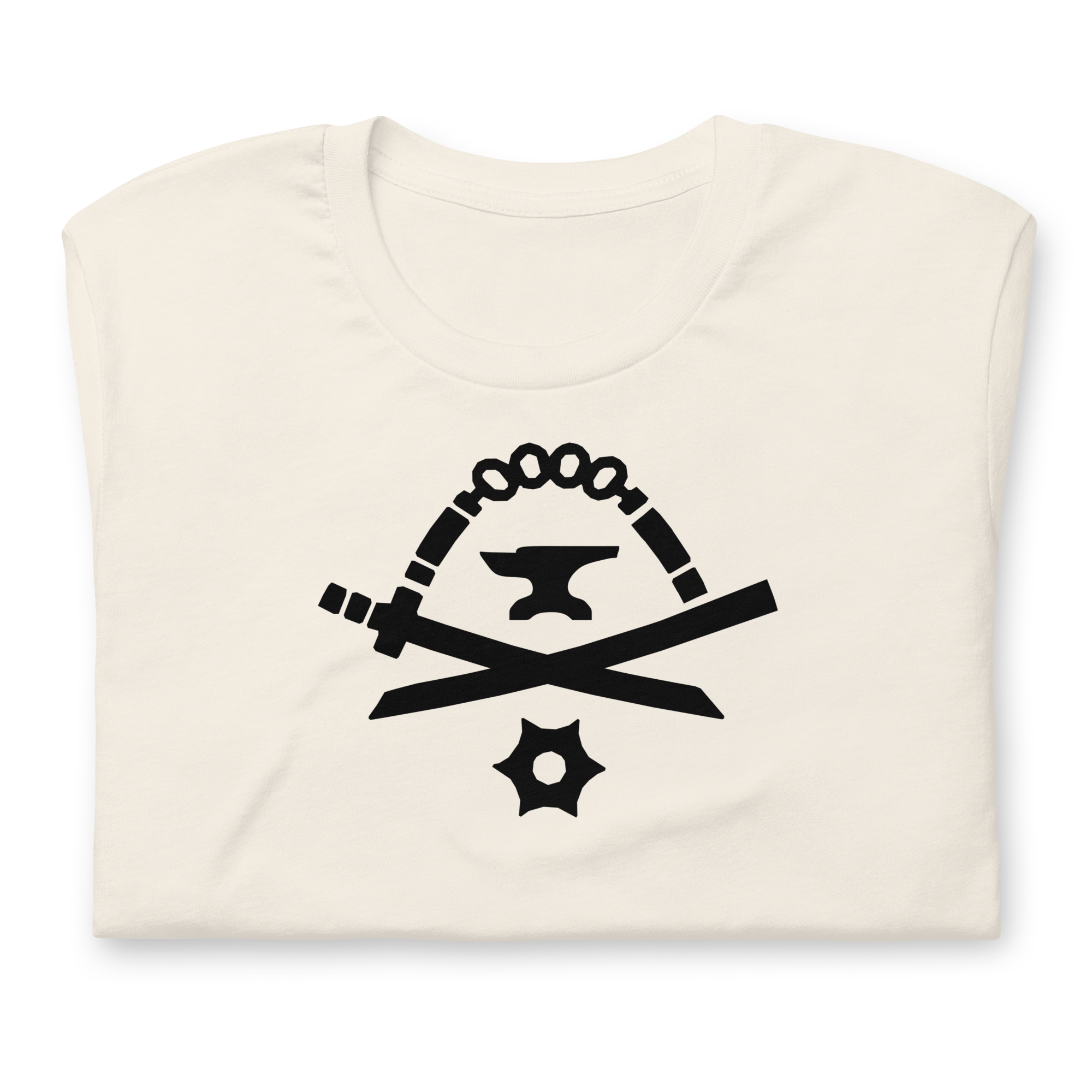 Folded vintage white 100% airlume cotton t-shirt featuring classic fan-made black golden weapons ninja blacksmith shop logo design. Item is a BRKDrip AFOL essentials shirt with a modern elemental brick master aesthetic.