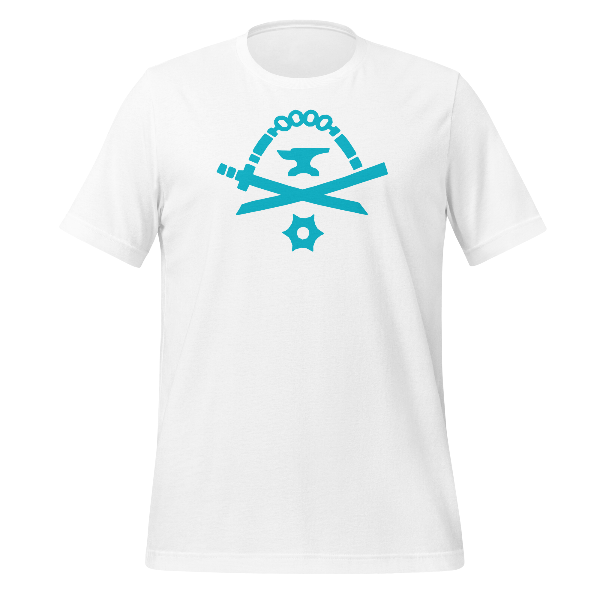White 100% airlume cotton t-shirt featuring classic fan-made turquoise golden weapons ninja blacksmith shop logo design. Item is a BRKDrip AFOL essentials shirt with a modern elemental brick master aesthetic.