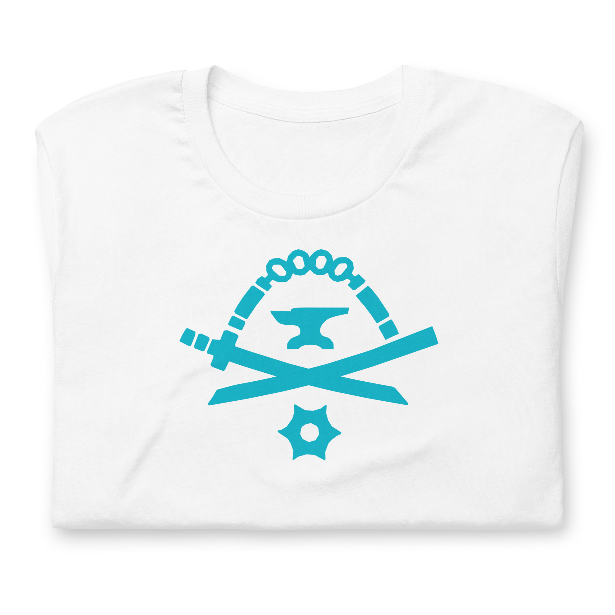 Folded white 100% airlume cotton t-shirt featuring classic fan-made turquoise golden weapons ninja blacksmith shop logo design. Item is a BRKDrip AFOL essentials shirt with a modern elemental brick master aesthetic.