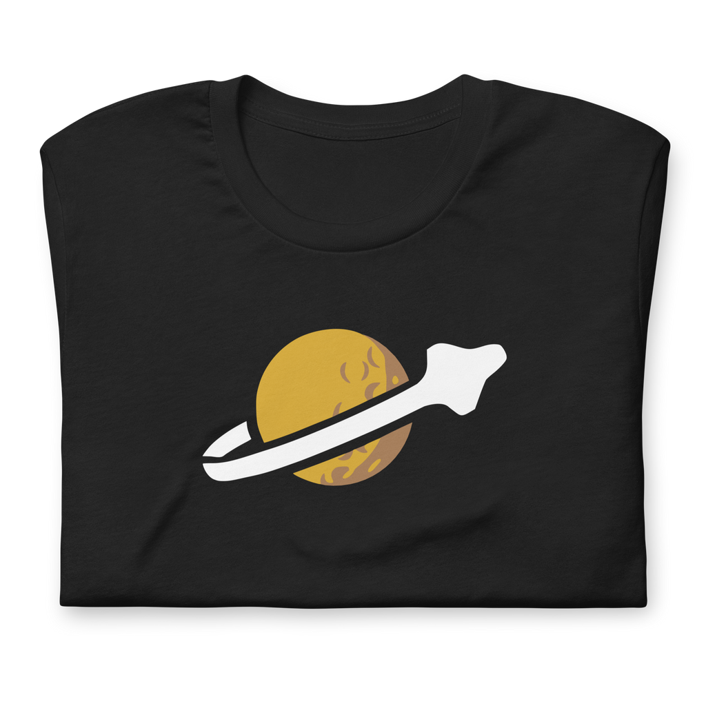 Folded vintage black 100% airlume cotton t-shirt featuring classic fan-made OG yellow planet with spaceship classic space logo design. Item is a BRKDrip AFOL essentials shirt with a vintage space building blocks aesthetic.