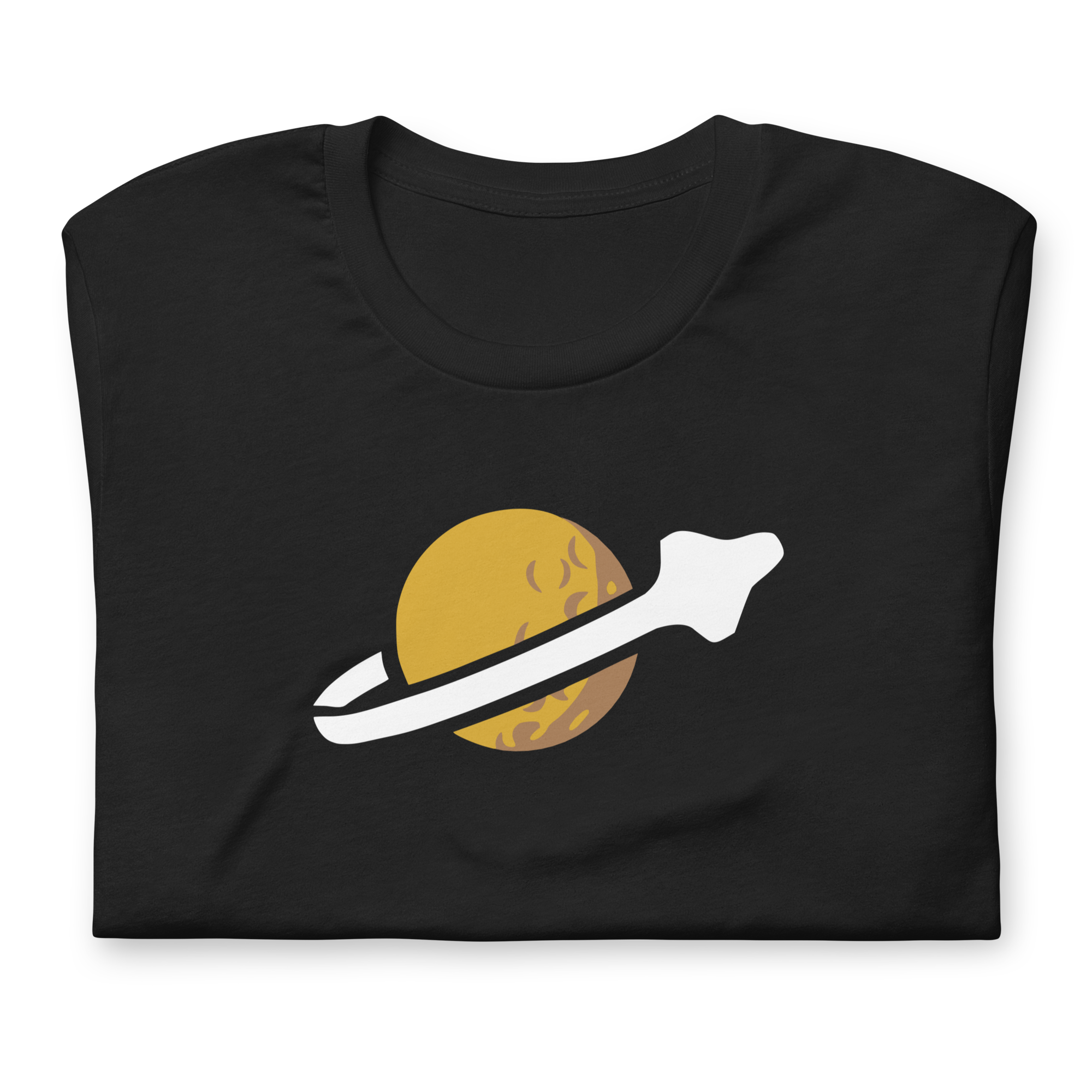 Folded vintage black 100% airlume cotton t-shirt featuring classic fan-made OG yellow planet with spaceship classic space logo design. Item is a BRKDrip AFOL essentials shirt with a vintage space building blocks aesthetic.