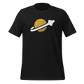 Vintage black 100% airlume cotton t-shirt featuring classic fan-made OG yellow planet with spaceship classic space logo design. Item is a BRKDrip AFOL essentials shirt with a vintage space building blocks aesthetic.