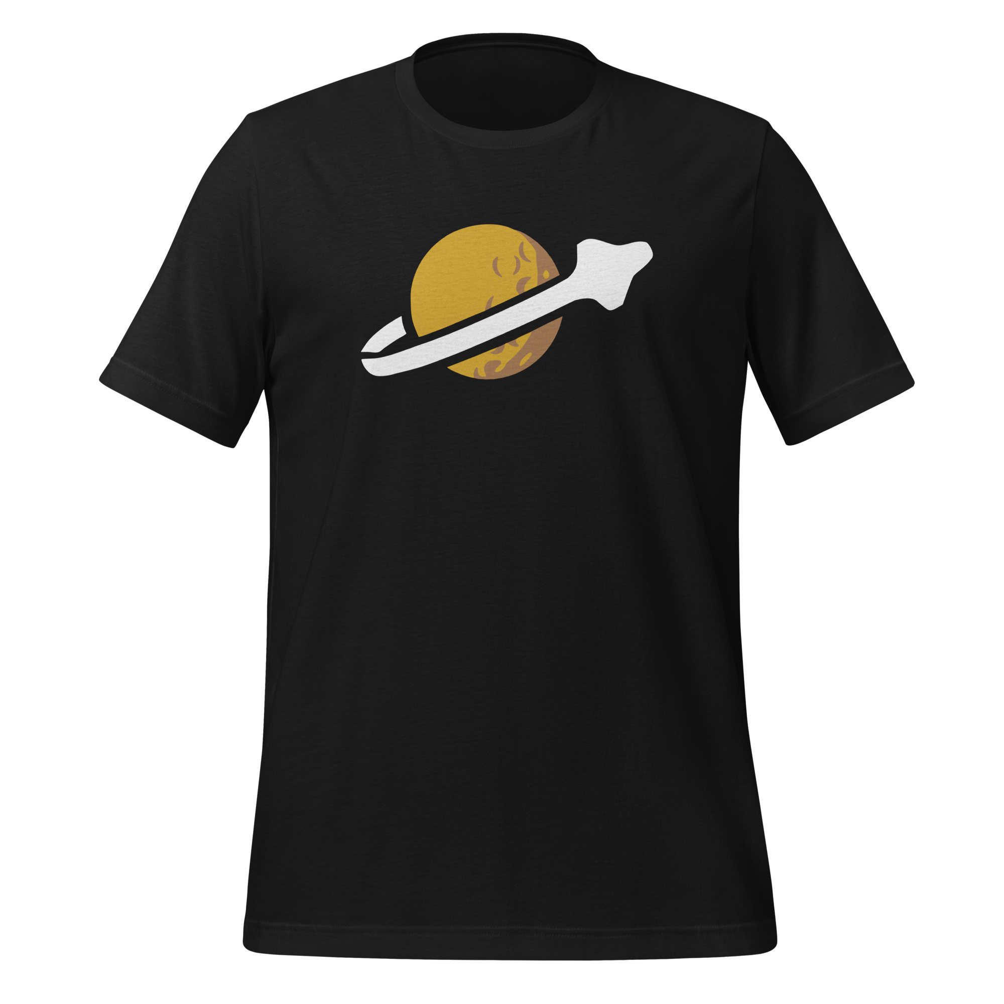 Vintage black 100% airlume cotton t-shirt featuring classic fan-made OG yellow planet with spaceship classic space logo design. Item is a BRKDrip AFOL essentials shirt with a vintage space building blocks aesthetic.