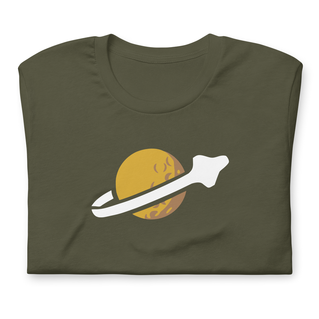 Folded military green 100% airlume cotton t-shirt featuring classic fan-made OG yellow planet with spaceship classic space logo design. Item is a BRKDrip AFOL essentials shirt with a vintage space building blocks aesthetic.