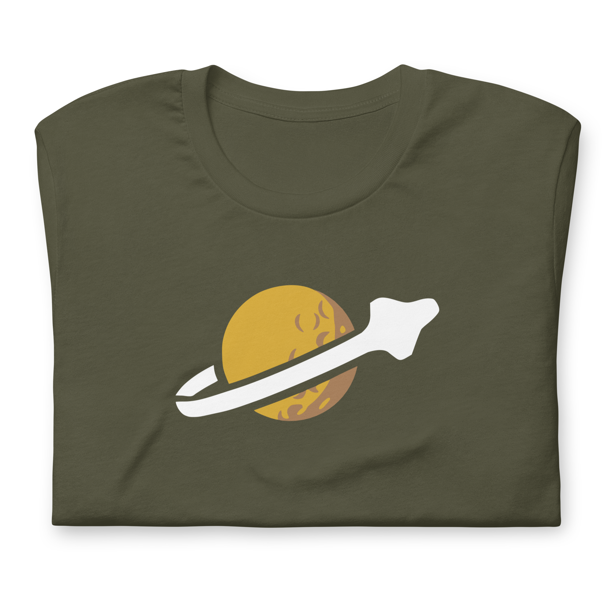 Folded military green 100% airlume cotton t-shirt featuring classic fan-made OG yellow planet with spaceship classic space logo design. Item is a BRKDrip AFOL essentials shirt with a vintage space building blocks aesthetic.