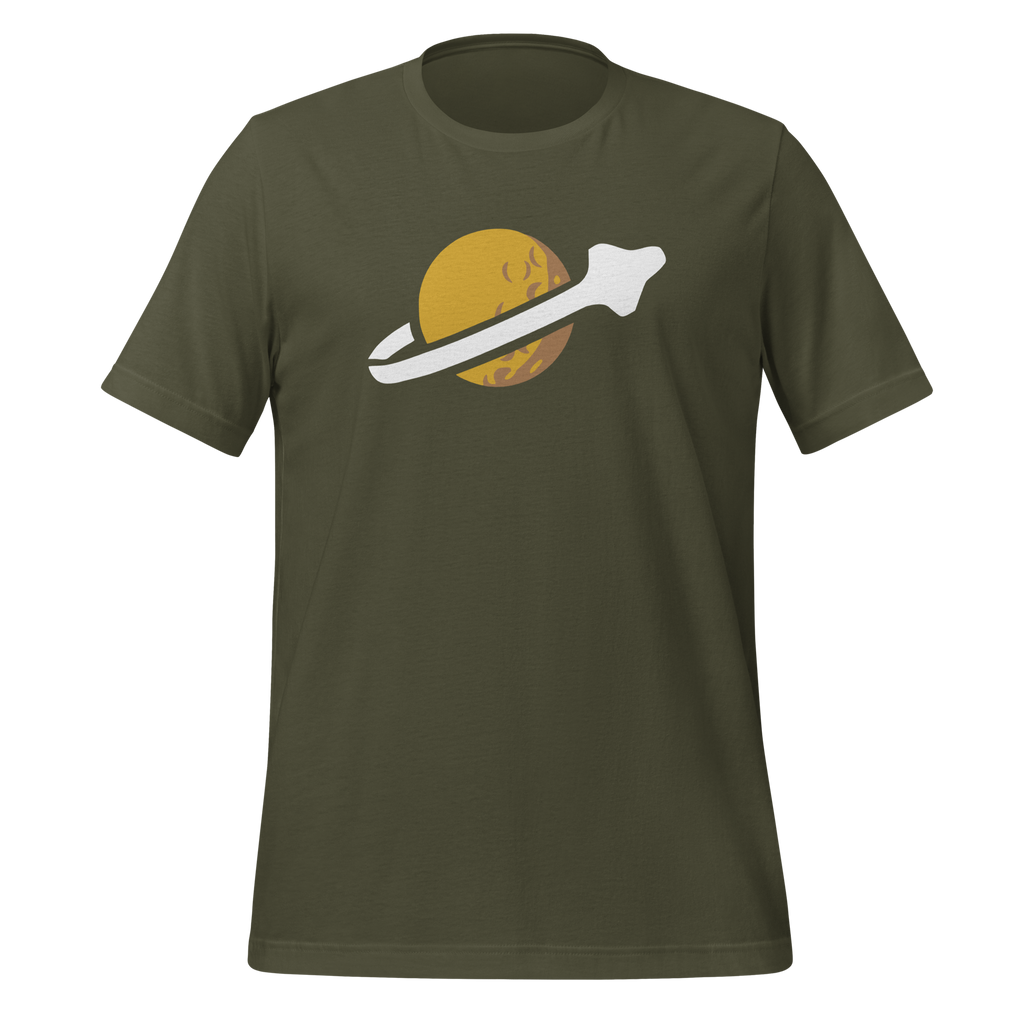 Military green 100% airlume cotton t-shirt featuring classic fan-made OG yellow planet with spaceship classic space logo design. Item is a BRKDrip AFOL essentials shirt with a vintage space building blocks aesthetic.