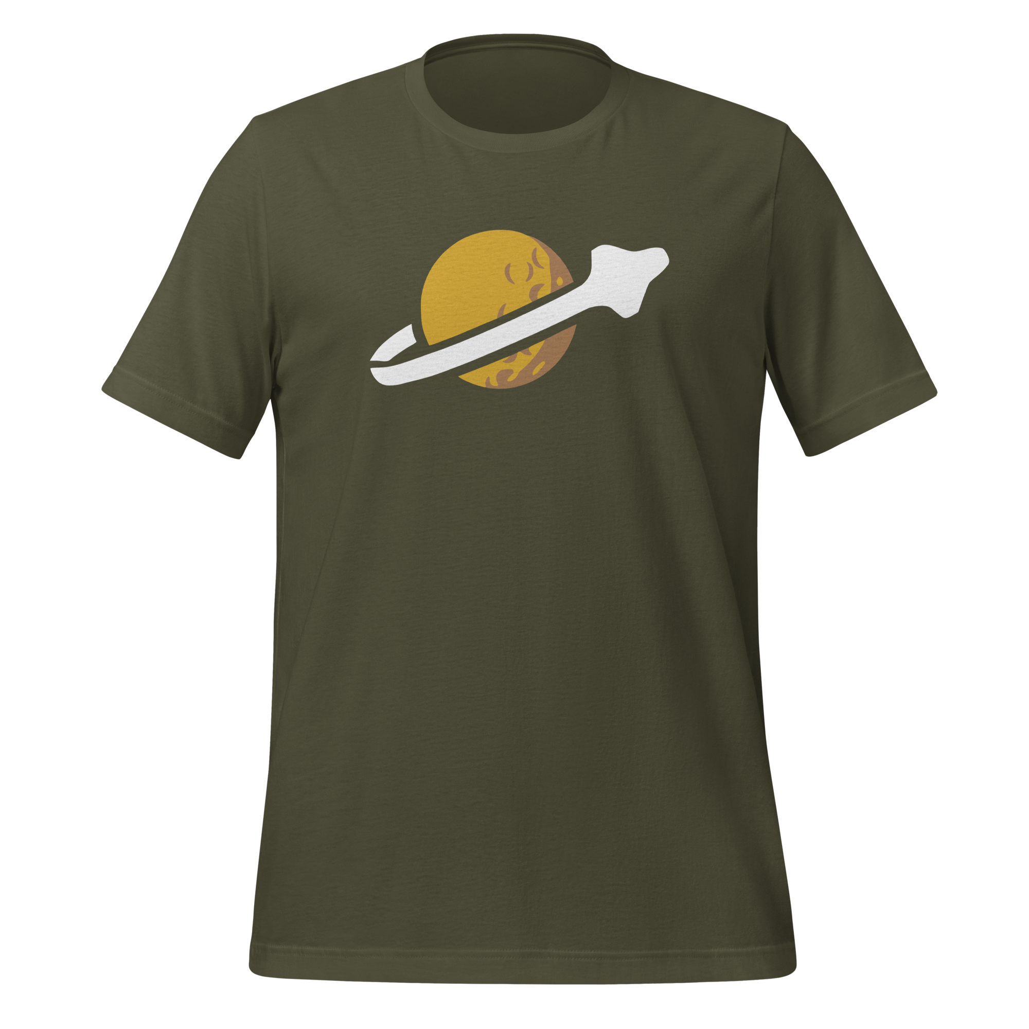 Military green 100% airlume cotton t-shirt featuring classic fan-made OG yellow planet with spaceship classic space logo design. Item is a BRKDrip AFOL essentials shirt with a vintage space building blocks aesthetic.
