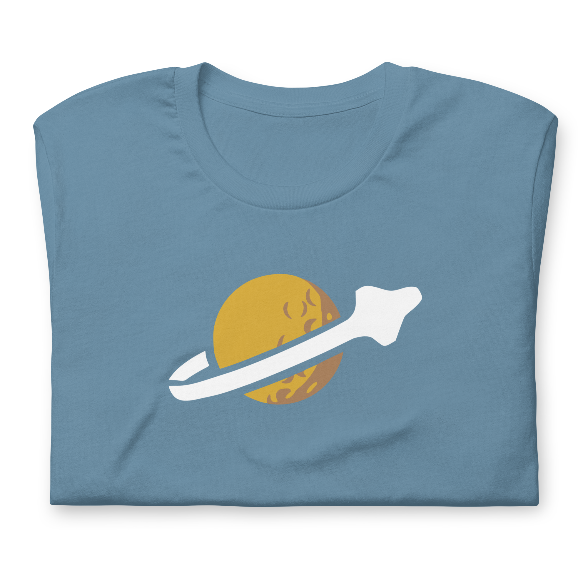 Folded steel blue 100% airlume cotton t-shirt featuring classic fan-made OG yellow planet with spaceship classic space logo design. Item is a BRKDrip AFOL essentials shirt with a vintage space building blocks aesthetic.