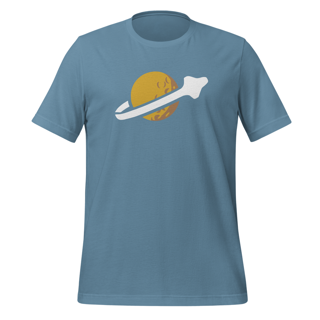 Steel blue 100% airlume cotton t-shirt featuring classic fan-made OG yellow planet with spaceship classic space logo design. Item is a BRKDrip AFOL essentials shirt with a vintage space building blocks aesthetic.