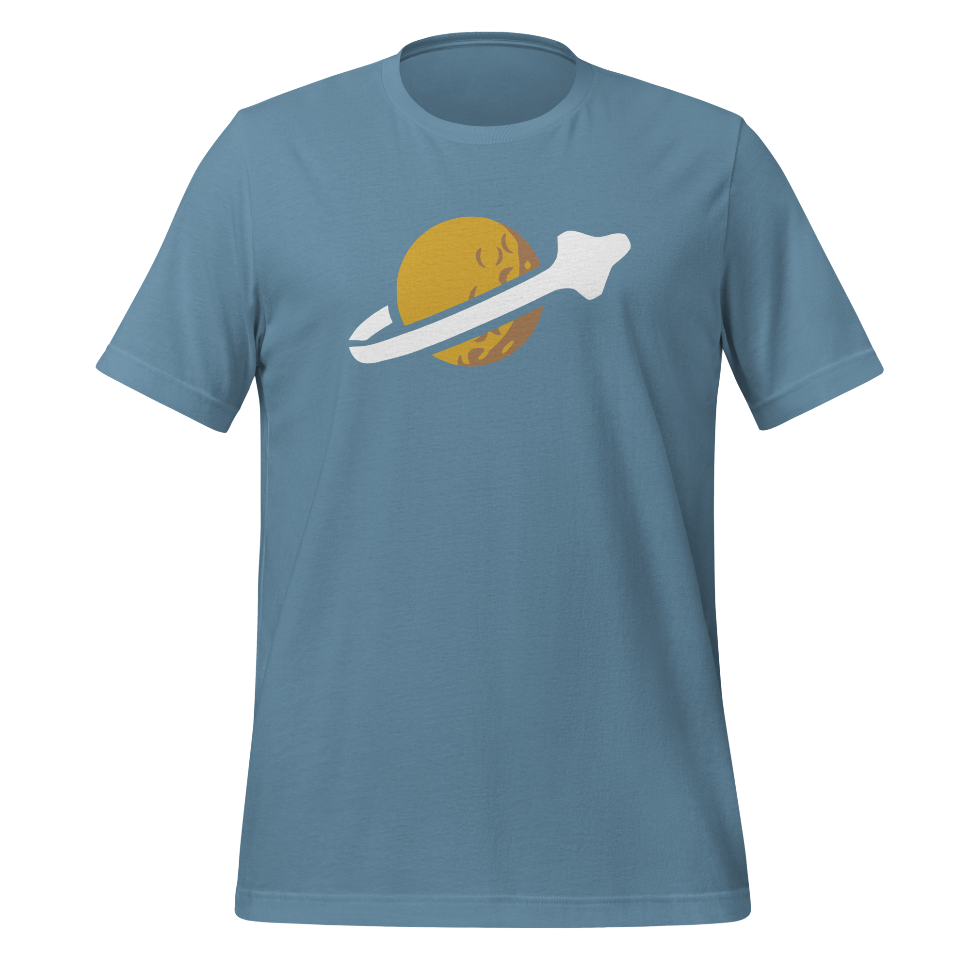 Steel blue 100% airlume cotton t-shirt featuring classic fan-made OG yellow planet with spaceship classic space logo design. Item is a BRKDrip AFOL essentials shirt with a vintage space building blocks aesthetic.