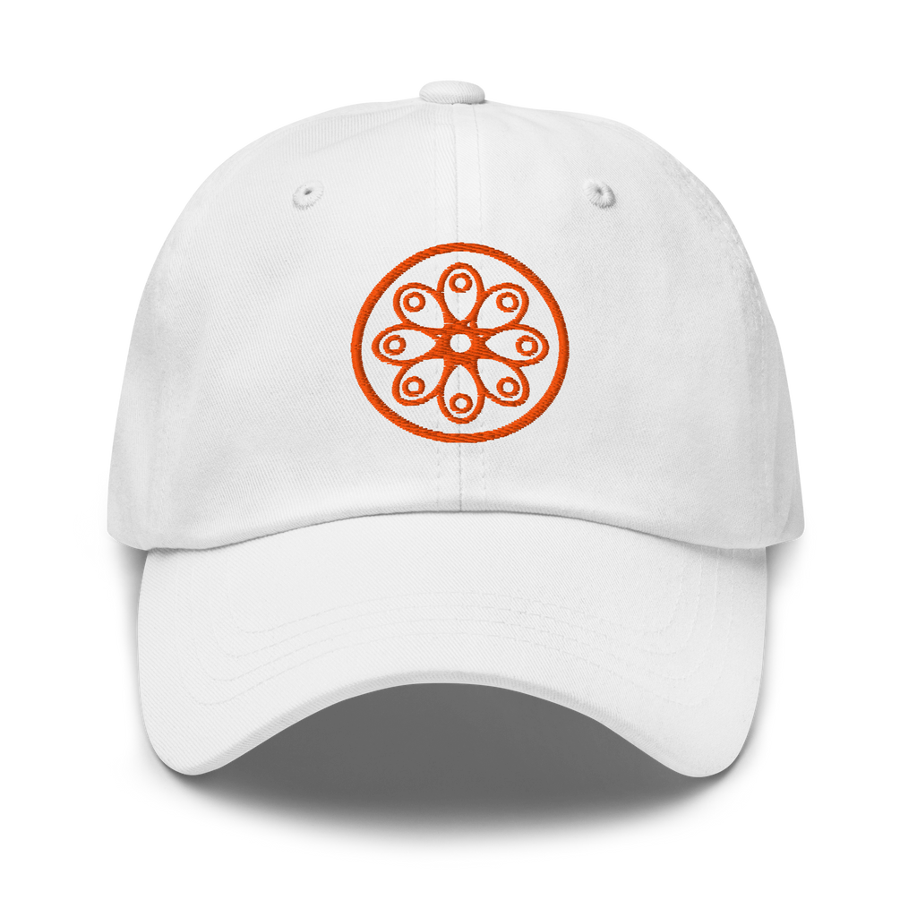Front-facing view of white cotton twill baseball cap hat featuring embroidered orange sensei dojo logo design. Item is a BRKDrip AFOL Headgear Dad Hat with a modern elemental brick master aesthetic.
