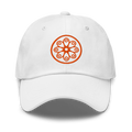 Front-facing view of white cotton twill baseball cap hat featuring embroidered orange sensei dojo logo design. Item is a BRKDrip AFOL Headgear Dad Hat with a modern elemental brick master aesthetic.
