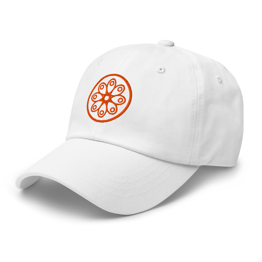 Side profile of a white cotton twill baseball cap hat featuring embroidered orange sensei dojo logo design. Item is a BRKDrip AFOL Headgear Dad Hat with a modern elemental brick master aesthetic.
