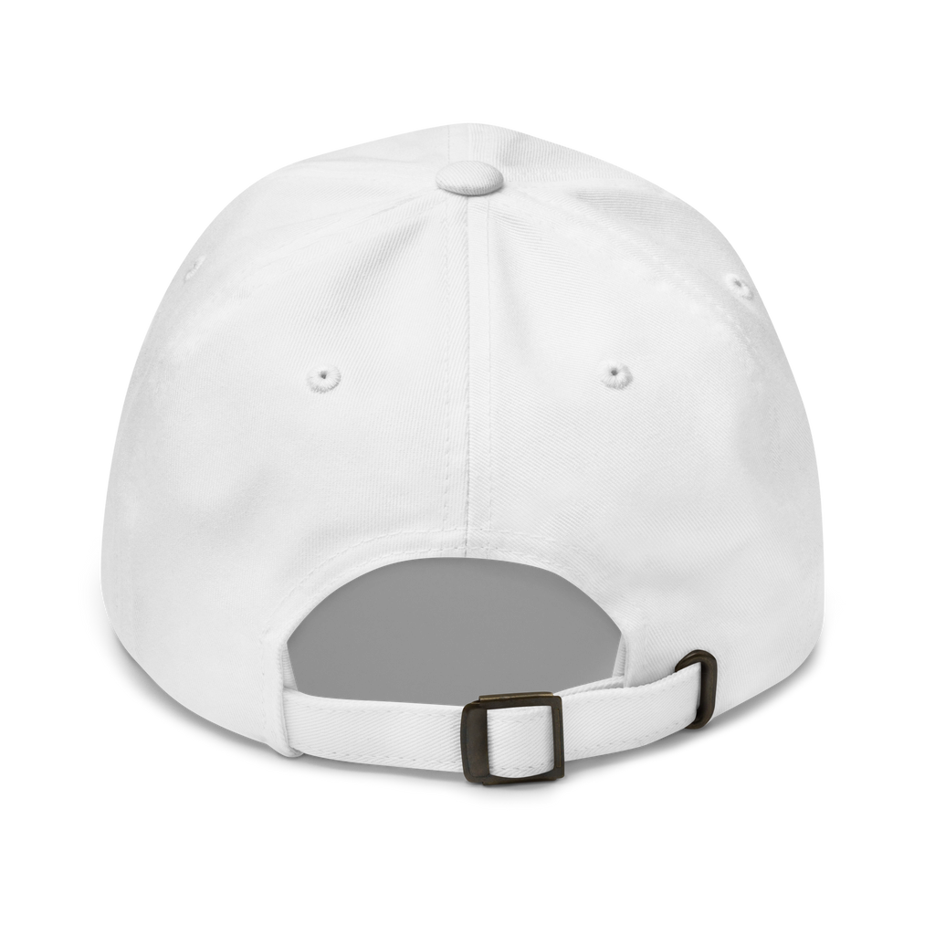 Back view of metal buckle and adjustable strap on a white cotton twill baseball cap hat featuring embroidered orange sensei dojo logo design. Item is a BRKDrip AFOL Headgear Dad Hat with a modern elemental brick master aesthetic.