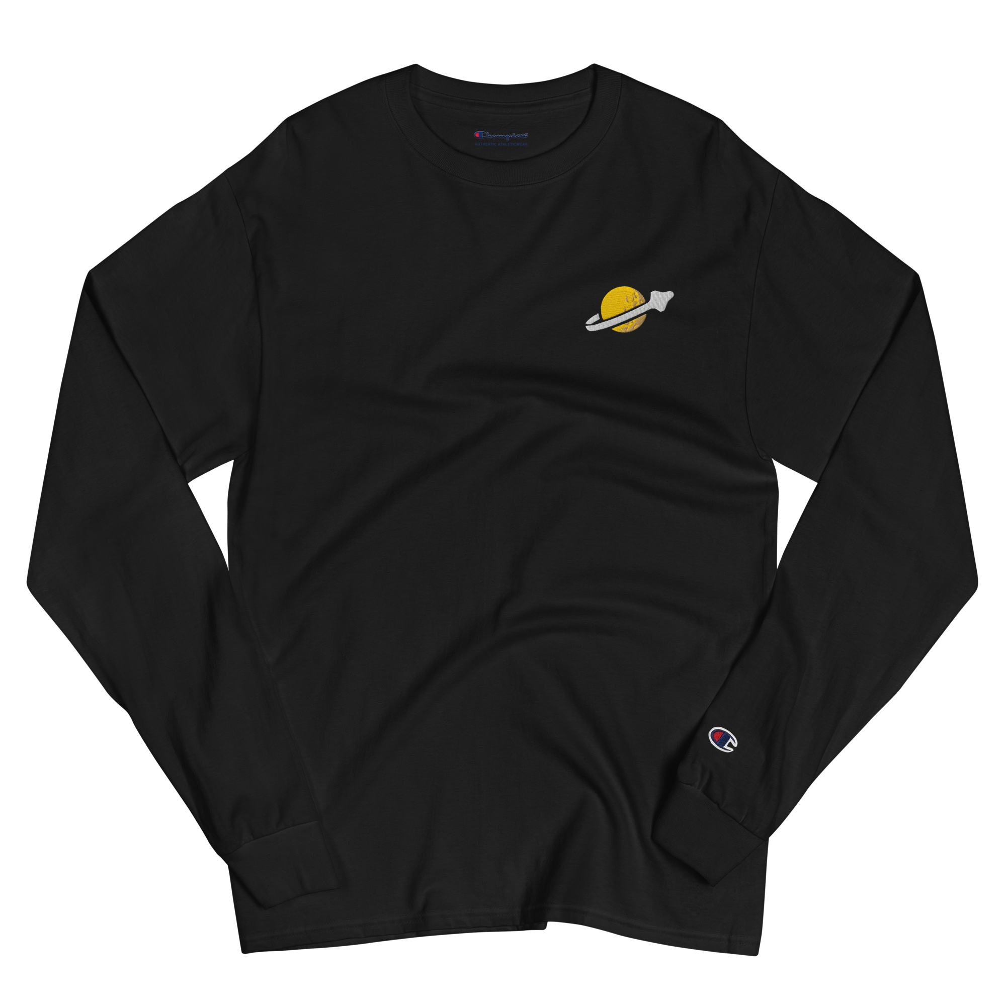 Wrinkled black lightweight, 100% cotton luxury Champion© shirt featuring OG yellow planet with spaceship classic space emblem embroidered in the top right corner. Item is a BRKDrip Builder's Collection luxury longsleeve shirt with a vintage space building block aesthetic.