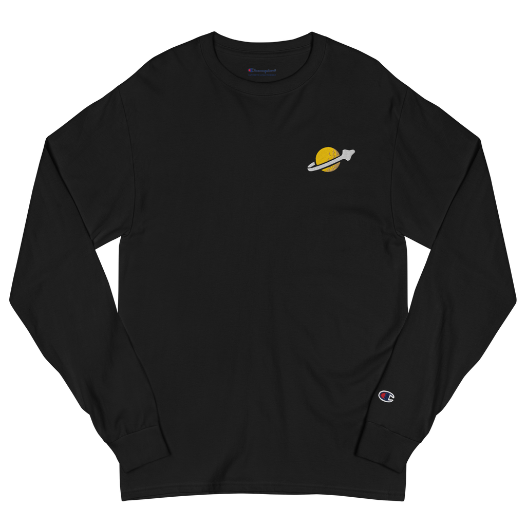 Black lightweight, 100% cotton luxury Champion© shirt featuring OG yellow planet with spaceship classic space emblem embroidered in the top right corner. Item is a BRKDrip Builder's Collection luxury longsleeve shirt with a vintage space building block aesthetic.