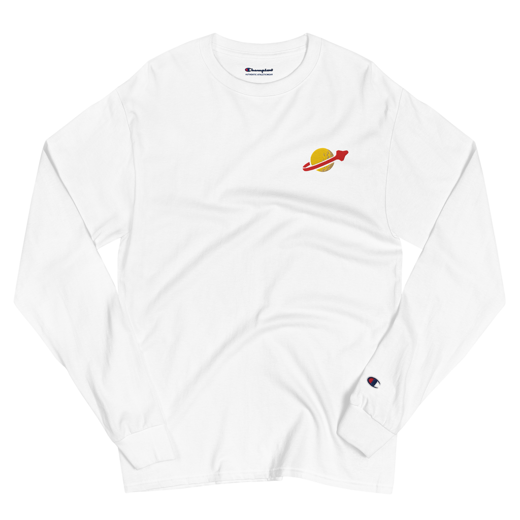 Wrinkled white lightweight, 100% cotton luxury Champion© shirt featuring OG yellow planet with spaceship classic space emblem embroidered in the top right corner. Item is a BRKDrip Builder's Collection luxury longsleeve shirt with a vintage space building block aesthetic.