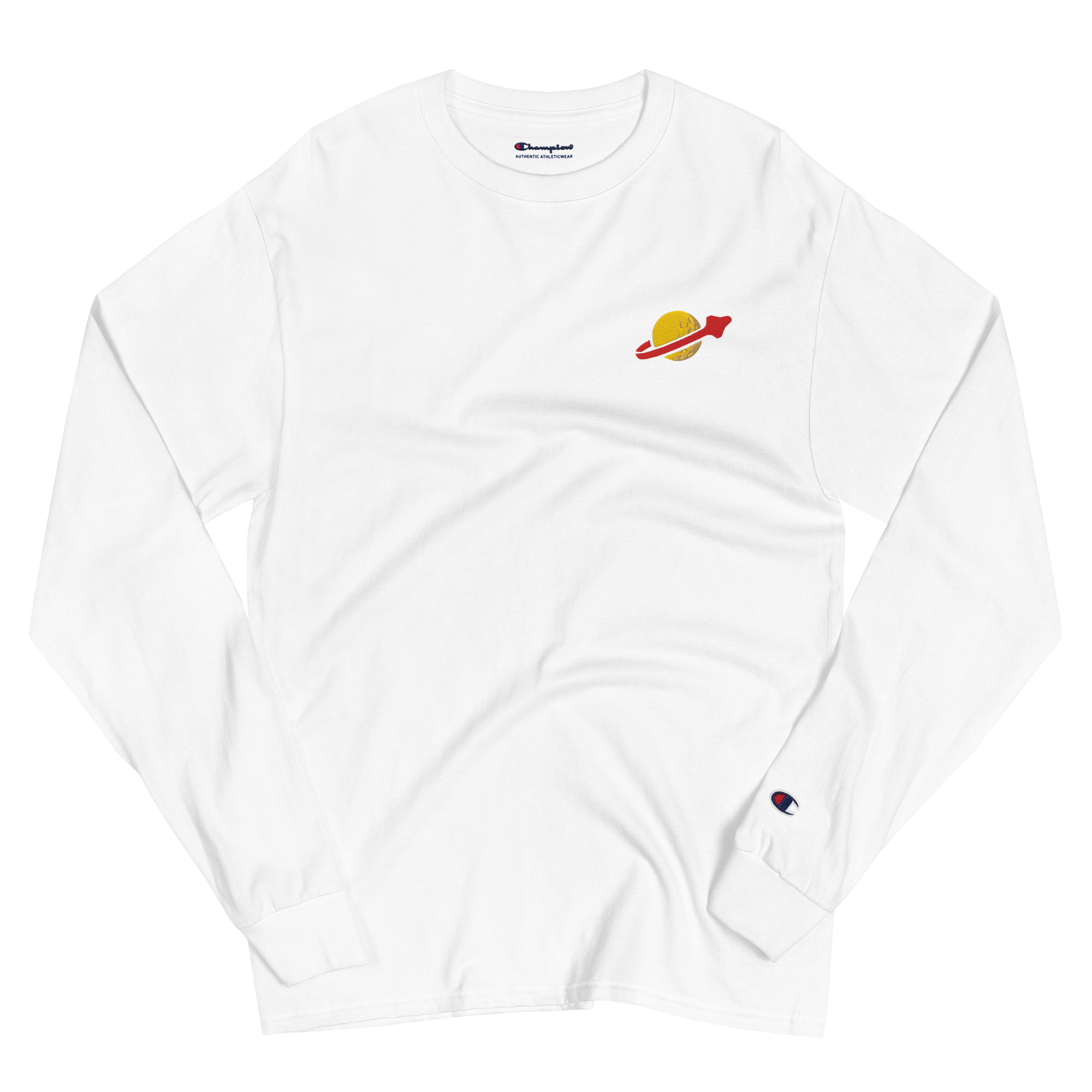 Wrinkled white lightweight, 100% cotton luxury Champion© shirt featuring OG yellow planet with spaceship classic space emblem embroidered in the top right corner. Item is a BRKDrip Builder's Collection luxury longsleeve shirt with a vintage space building block aesthetic.