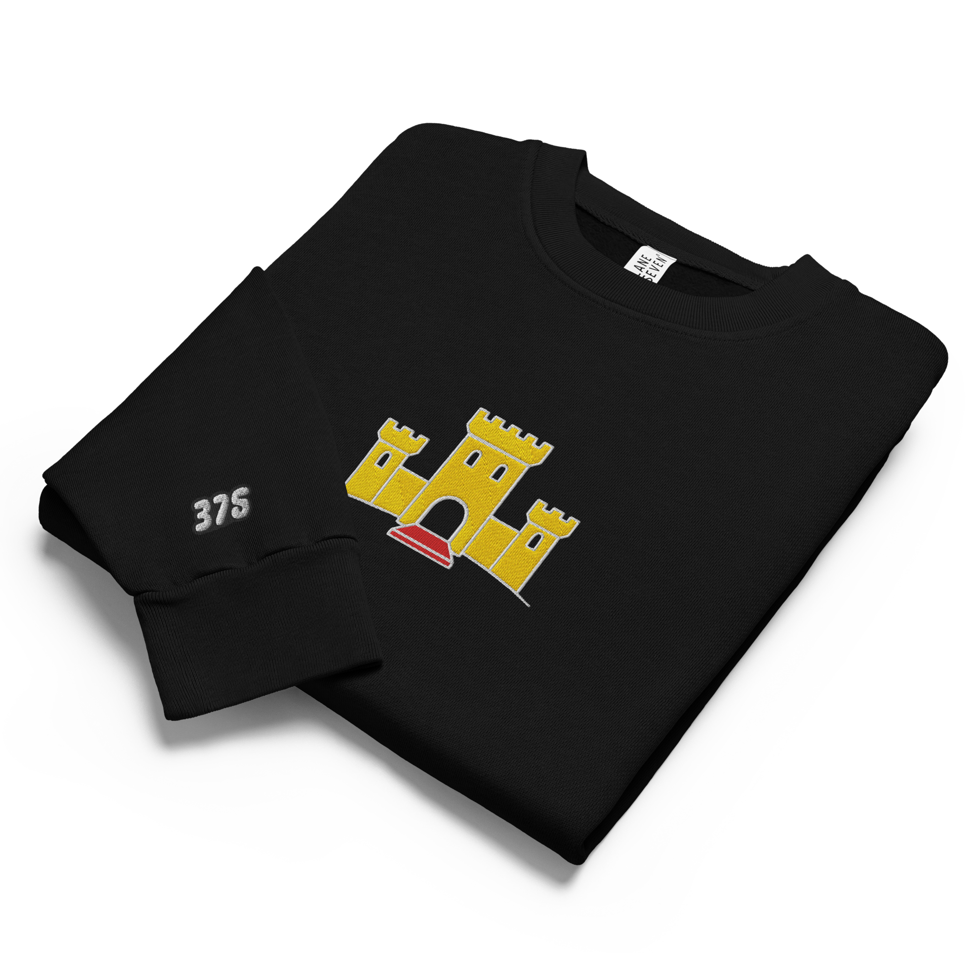Black tri-blend fleece sweatshirt featuring a classic fan-made OG yellow castle design embroidered across the front and setshirt number 375 on the sleeve. Item is a BRKDrip Limited Edition Cozy Wear Sweatshirt with a vintage castle building blocks aesthetic.