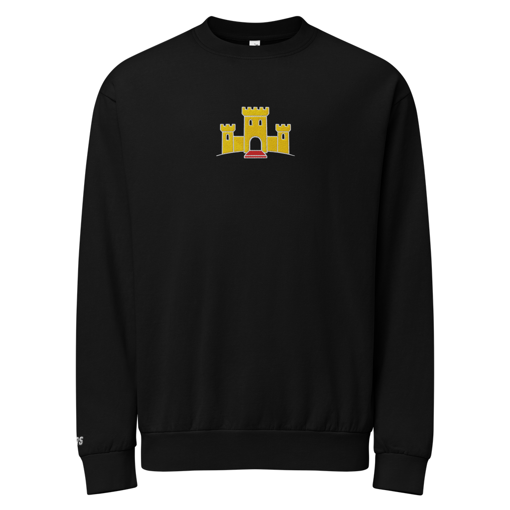 Hanging black tri-blend fleece sweatshirt featuring a classic fan-made OG yellow castle design embroidered across the front and setshirt number 375 on the sleeve. Item is a BRKDrip Limited Edition Cozy Wear Sweatshirt with a vintage castle building blocks aesthetic.