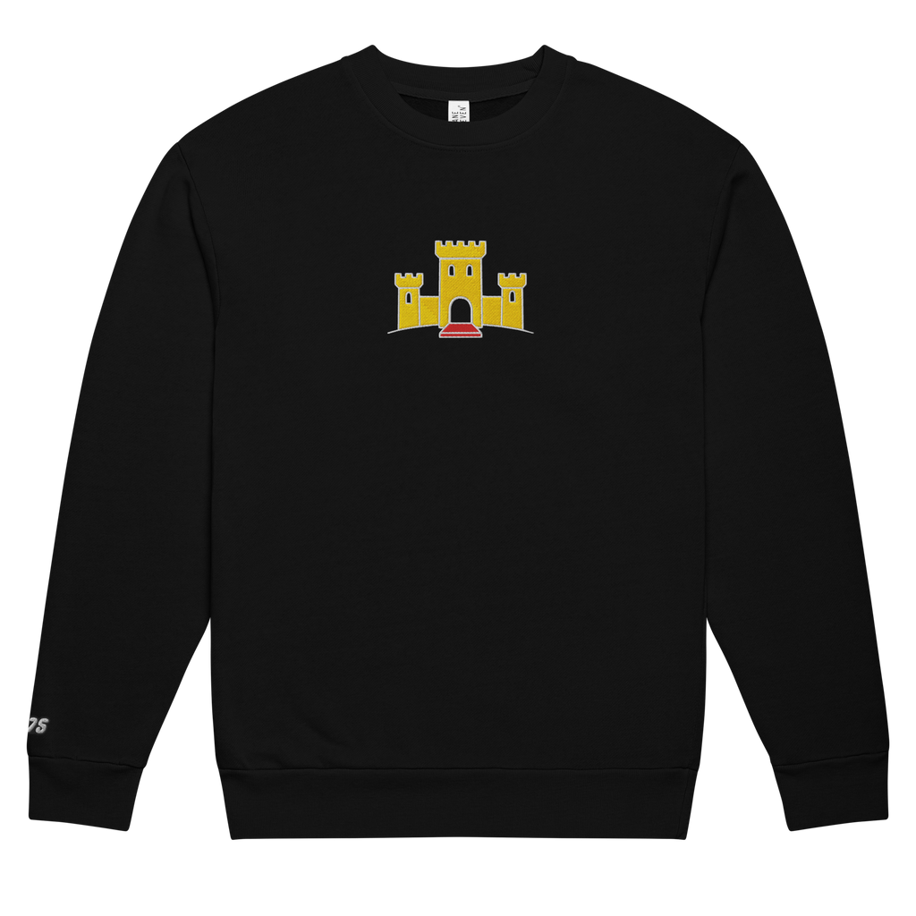 Flat black tri-blend fleece sweatshirt featuring a classic fan-made OG yellow castle design embroidered across the front and setshirt number 375 on the sleeve. Item is a BRKDrip Limited Edition Cozy Wear Sweatshirt with a vintage castle building blocks aesthetic.