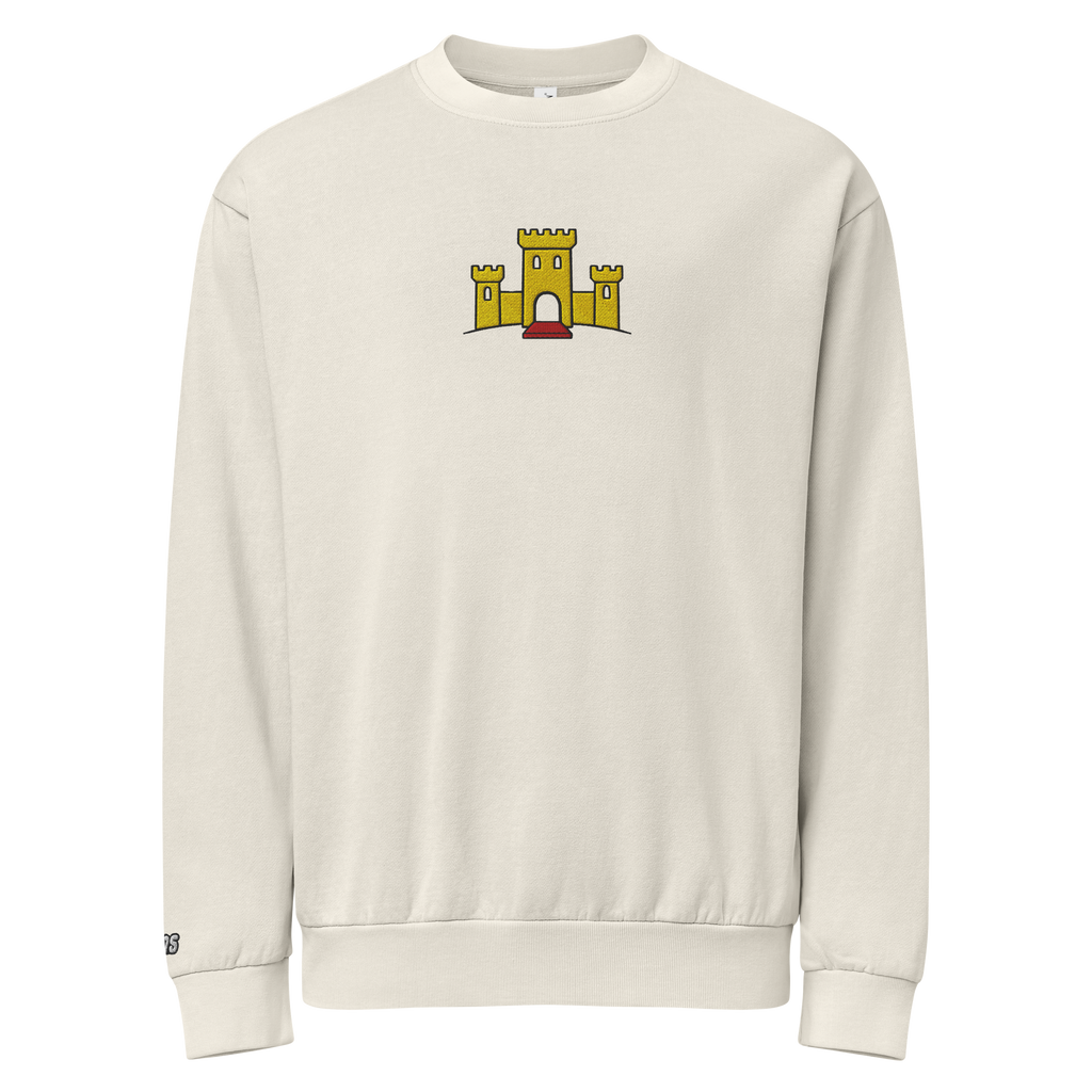 Hanging off-white lunar rock tri-blend fleece sweatshirt featuring a classic fan-made OG yellow castle design embroidered across the front and setshirt number 375 on the sleeve. Item is a BRKDrip Limited Edition Cozy Wear Sweatshirt with a vintage castle building blocks aesthetic.