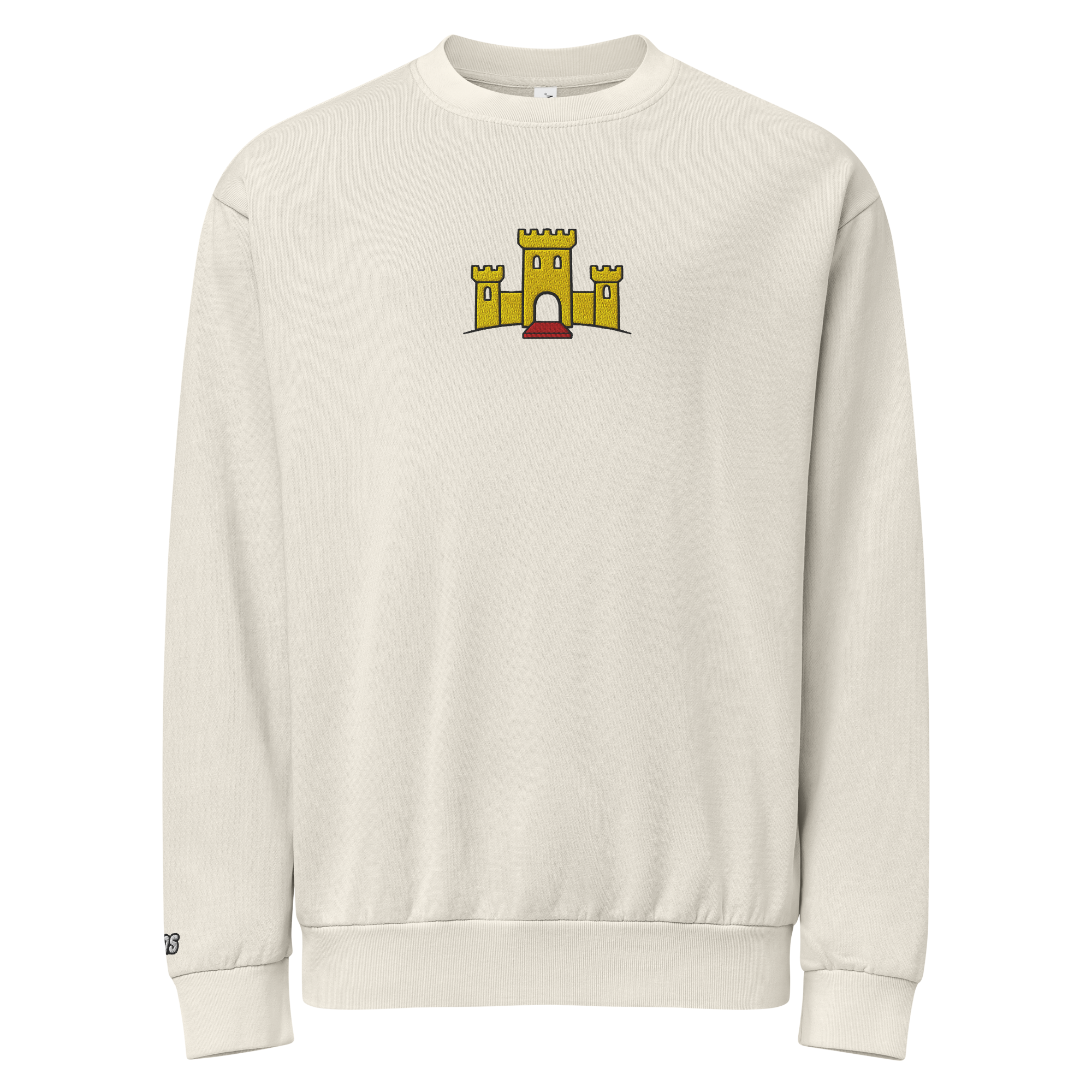 Hanging off-white lunar rock tri-blend fleece sweatshirt featuring a classic fan-made OG yellow castle design embroidered across the front and setshirt number 375 on the sleeve. Item is a BRKDrip Limited Edition Cozy Wear Sweatshirt with a vintage castle building blocks aesthetic.