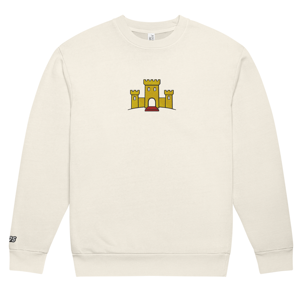 Flat off-white lunar rock tri-blend fleece sweatshirt featuring a classic fan-made OG yellow castle design embroidered across the front and setshirt number 375 on the sleeve. Item is a BRKDrip Limited Edition Cozy Wear Sweatshirt with a vintage castle building blocks aesthetic.
