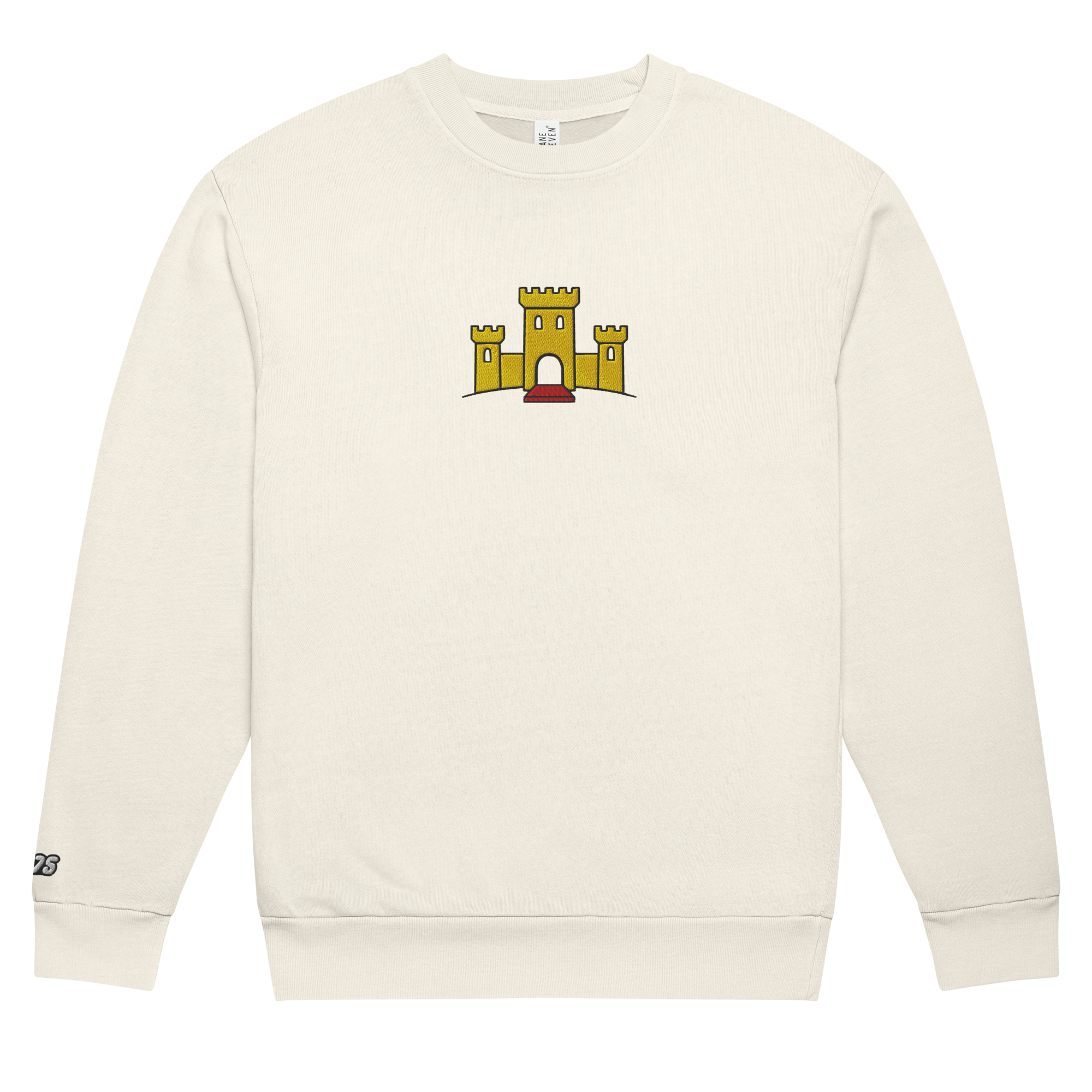 Flat off-white lunar rock tri-blend fleece sweatshirt featuring a classic fan-made OG yellow castle design embroidered across the front and setshirt number 375 on the sleeve. Item is a BRKDrip Limited Edition Cozy Wear Sweatshirt with a vintage castle building blocks aesthetic.