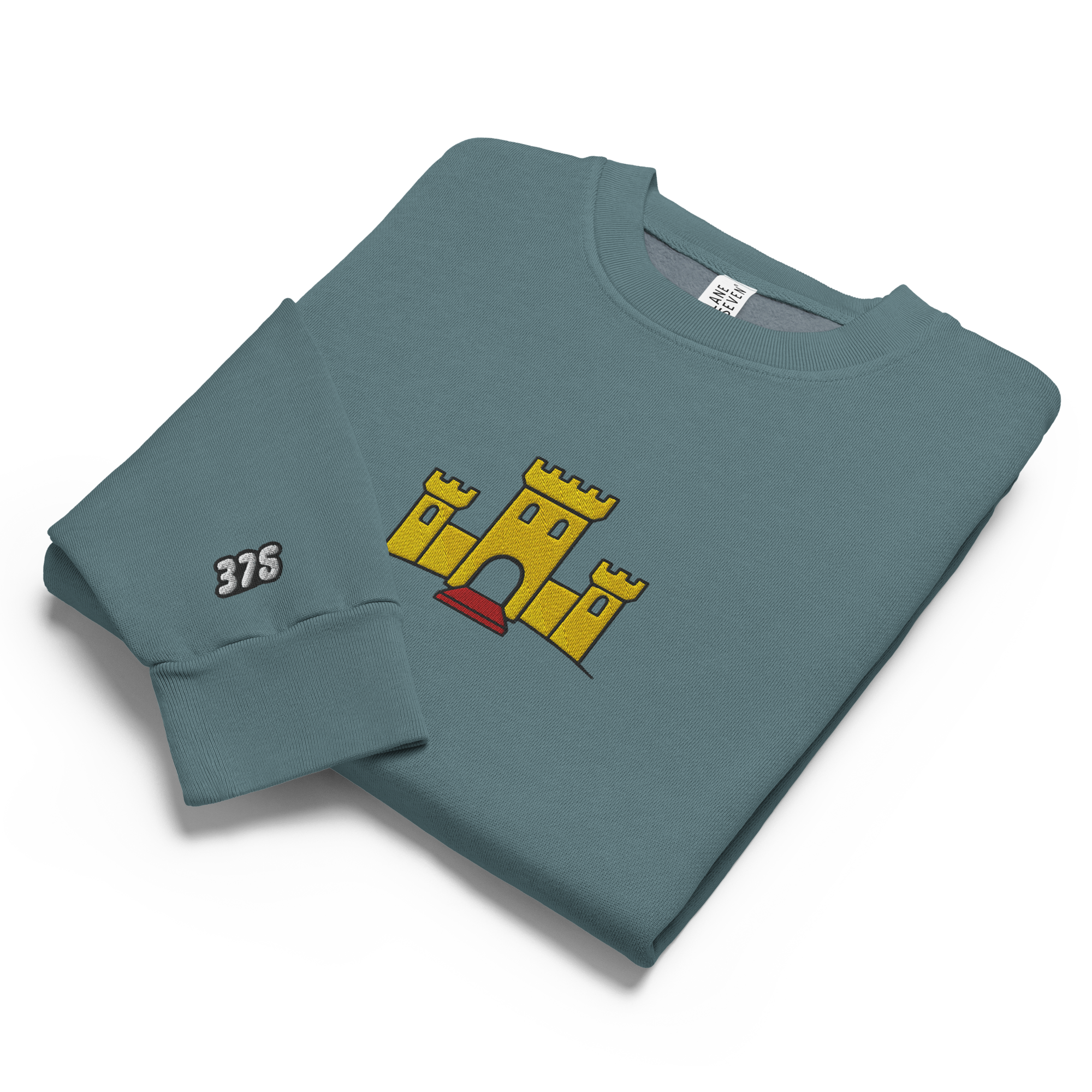 Pebble blue tri-blend fleece sweatshirt featuring a classic fan-made OG yellow castle design embroidered across the front and setshirt number 375 on the sleeve. Item is a BRKDrip Limited Edition Cozy Wear Sweatshirt with a vintage castle building blocks aesthetic.