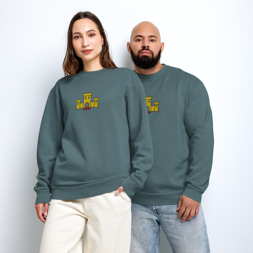 Fashionable male and female model couple wearing matching pebble blue tri-blend fleece sweatshirt featuring a classic fan-made OG yellow castle design embroidered across the front and setshirt number 375 on the sleeve. Item is a BRKDrip Limited Edition Cozy Wear Sweatshirt with a vintage castle building blocks aesthetic.