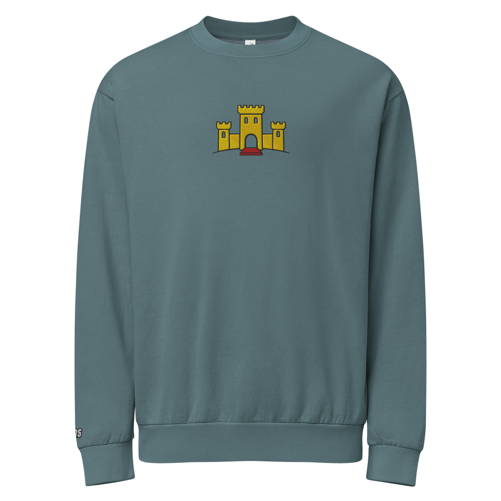 Hanging pebble blue tri-blend fleece sweatshirt featuring a classic fan-made OG yellow castle design embroidered across the front and setshirt number 375 on the sleeve. Item is a BRKDrip Limited Edition Cozy Wear Sweatshirt with a vintage castle building blocks aesthetic.