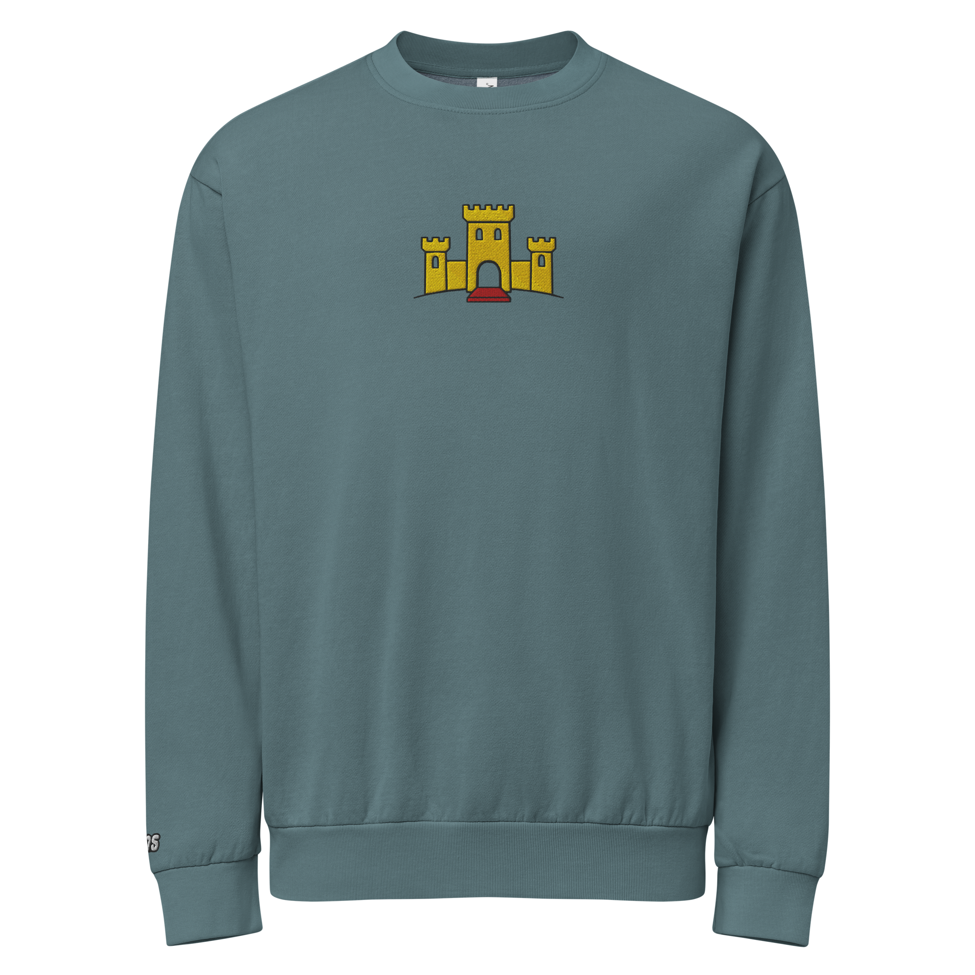 Hanging pebble blue tri-blend fleece sweatshirt featuring a classic fan-made OG yellow castle design embroidered across the front and setshirt number 375 on the sleeve. Item is a BRKDrip Limited Edition Cozy Wear Sweatshirt with a vintage castle building blocks aesthetic.