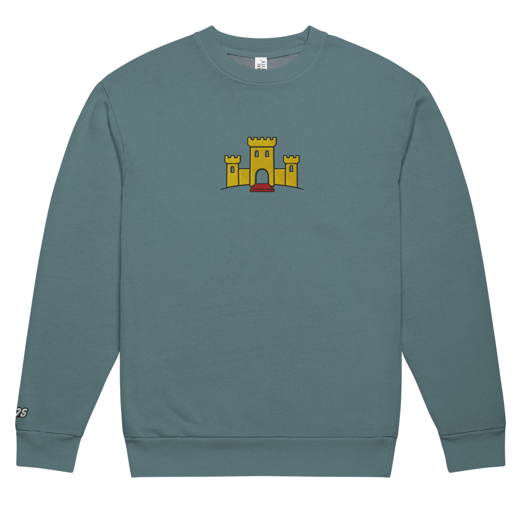 Flat pebble blue tri-blend fleece sweatshirt featuring a classic fan-made OG yellow castle design embroidered across the front and setshirt number 375 on the sleeve. Item is a BRKDrip Limited Edition Cozy Wear Sweatshirt with a vintage castle building blocks aesthetic.