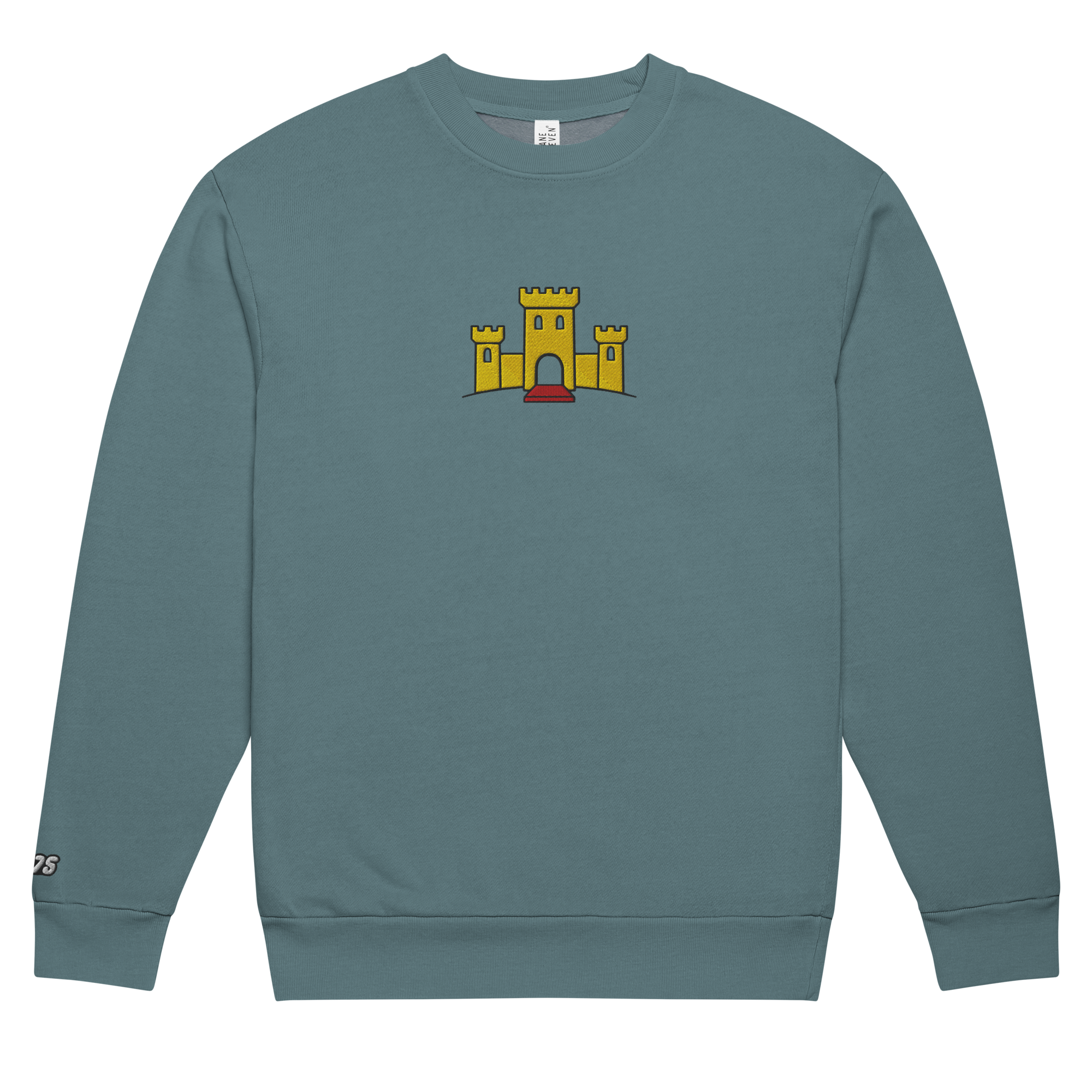 Flat pebble blue tri-blend fleece sweatshirt featuring a classic fan-made OG yellow castle design embroidered across the front and setshirt number 375 on the sleeve. Item is a BRKDrip Limited Edition Cozy Wear Sweatshirt with a vintage castle building blocks aesthetic.