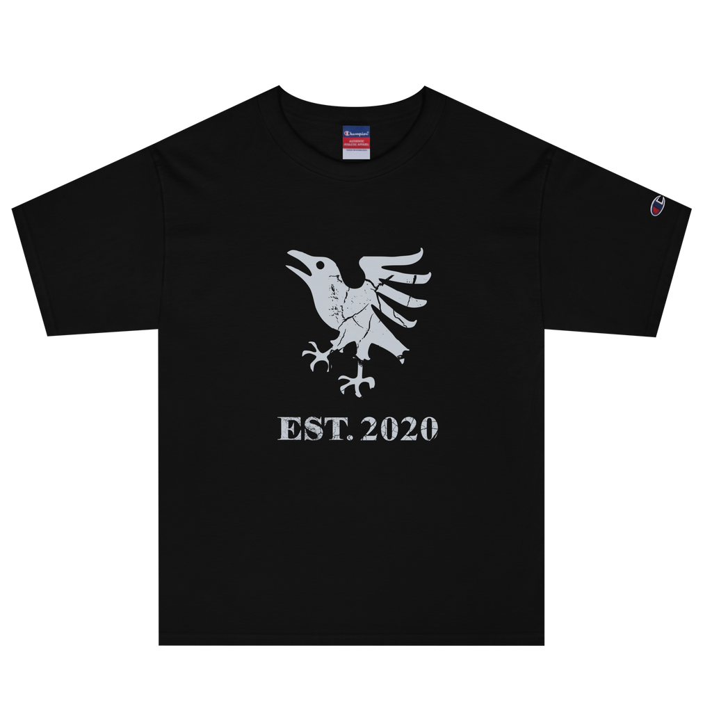 Black heavyweight, 100% cotton luxury Champion© t-shirt featuring aged raven emblem and text "EST. 2020" indicating the year the faction was first introduced to the brick universe. Item is a BRKDrip Heritage Collection luxury shirt with a vintage castle building block aesthetic.