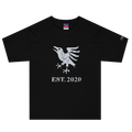 Black heavyweight, 100% cotton luxury Champion© t-shirt featuring aged raven emblem and text "EST. 2020" indicating the year the faction was first introduced to the brick universe. Item is a BRKDrip Heritage Collection luxury shirt with a vintage castle building block aesthetic.