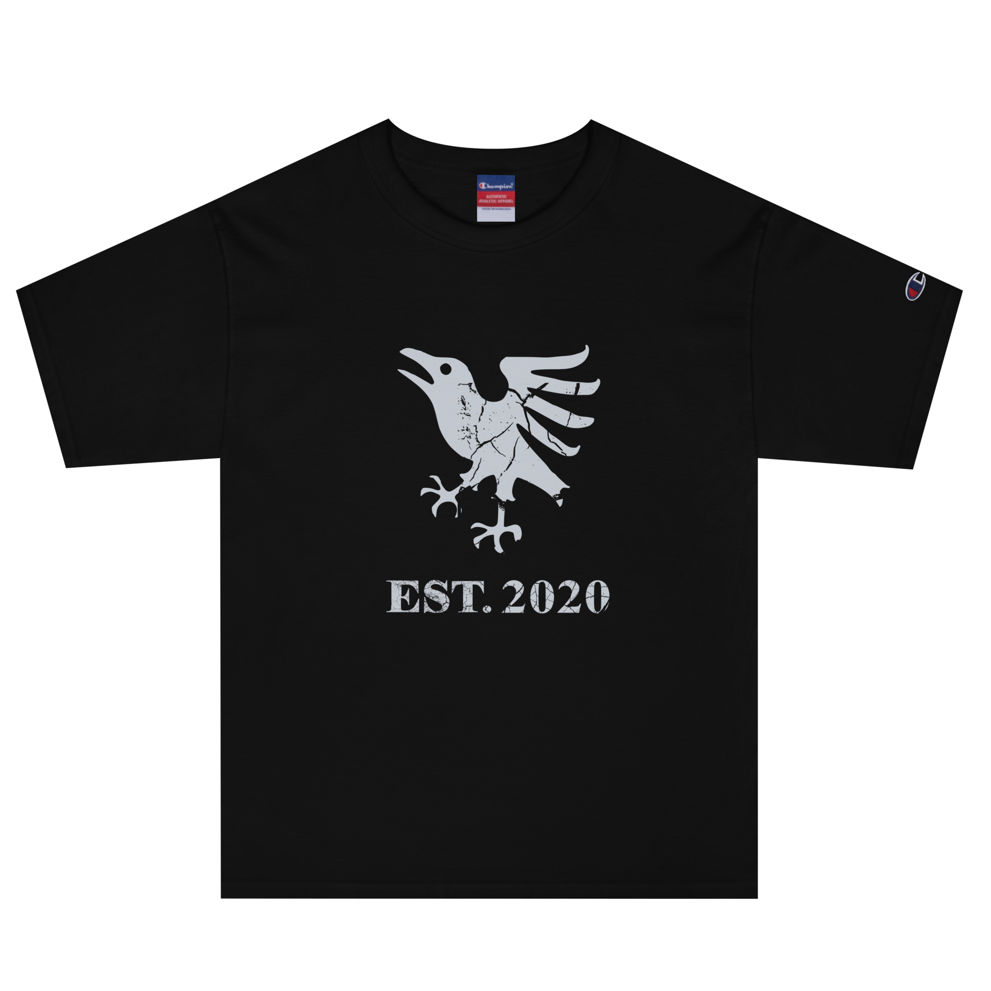 Black heavyweight, 100% cotton luxury Champion© t-shirt featuring aged raven emblem and text "EST. 2020" indicating the year the faction was first introduced to the brick universe. Item is a BRKDrip Heritage Collection luxury shirt with a vintage castle building block aesthetic.