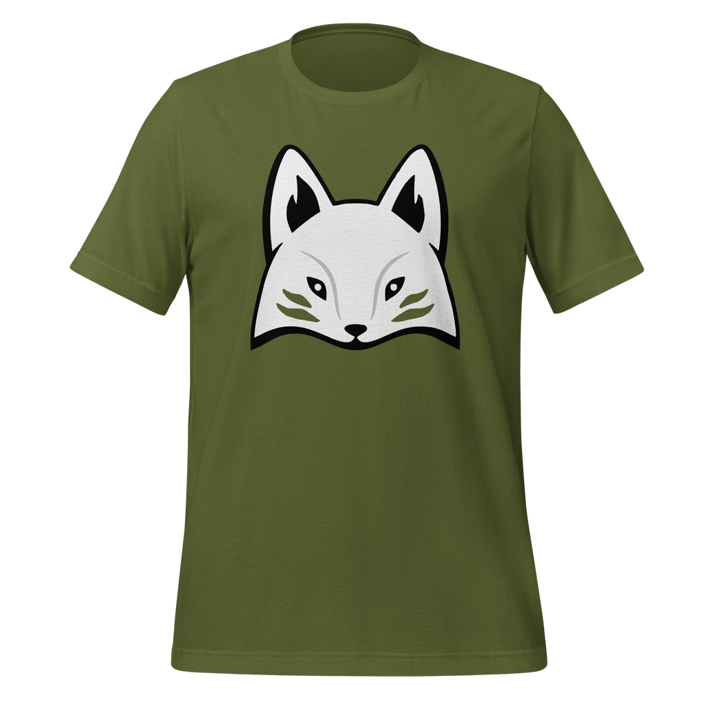 Green 100% airlume cotton t-shirt featuring modern red kitsune mask design. Item is a BRKDrip AFOL essentials shirt with a modern elemental brick masters aesthetic.