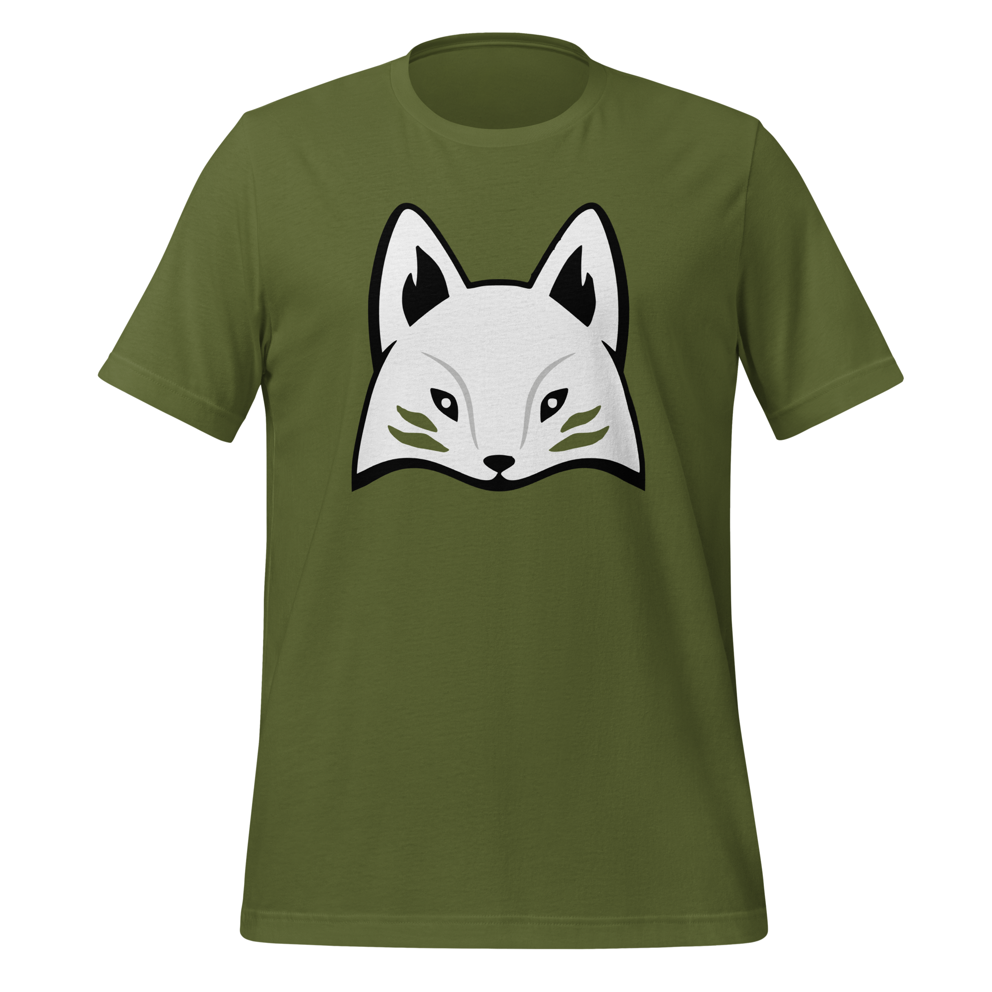 Green 100% airlume cotton t-shirt featuring modern red kitsune mask design. Item is a BRKDrip AFOL essentials shirt with a modern elemental brick masters aesthetic.