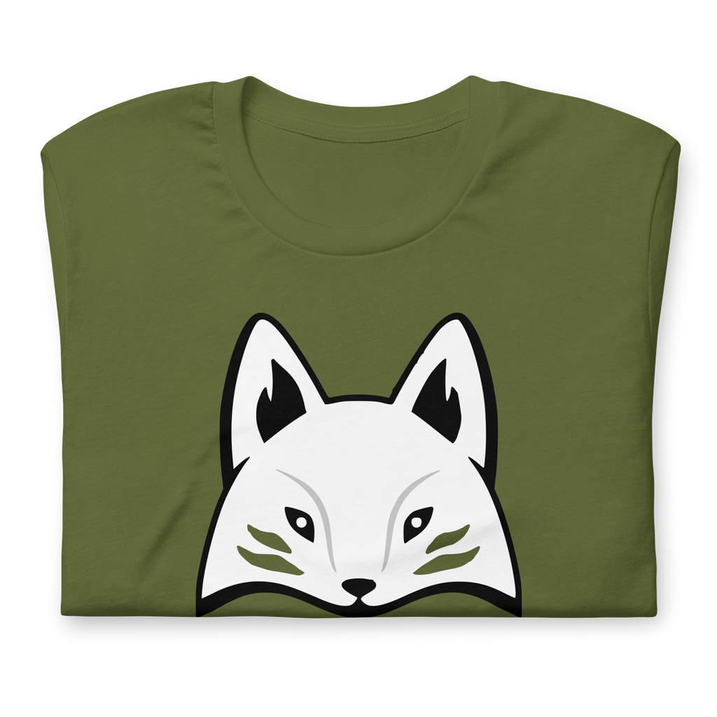 Folded green 100% airlume cotton t-shirt featuring modern red kitsune mask design. Item is a BRKDrip AFOL essentials shirt with a modern elemental brick masters aesthetic.