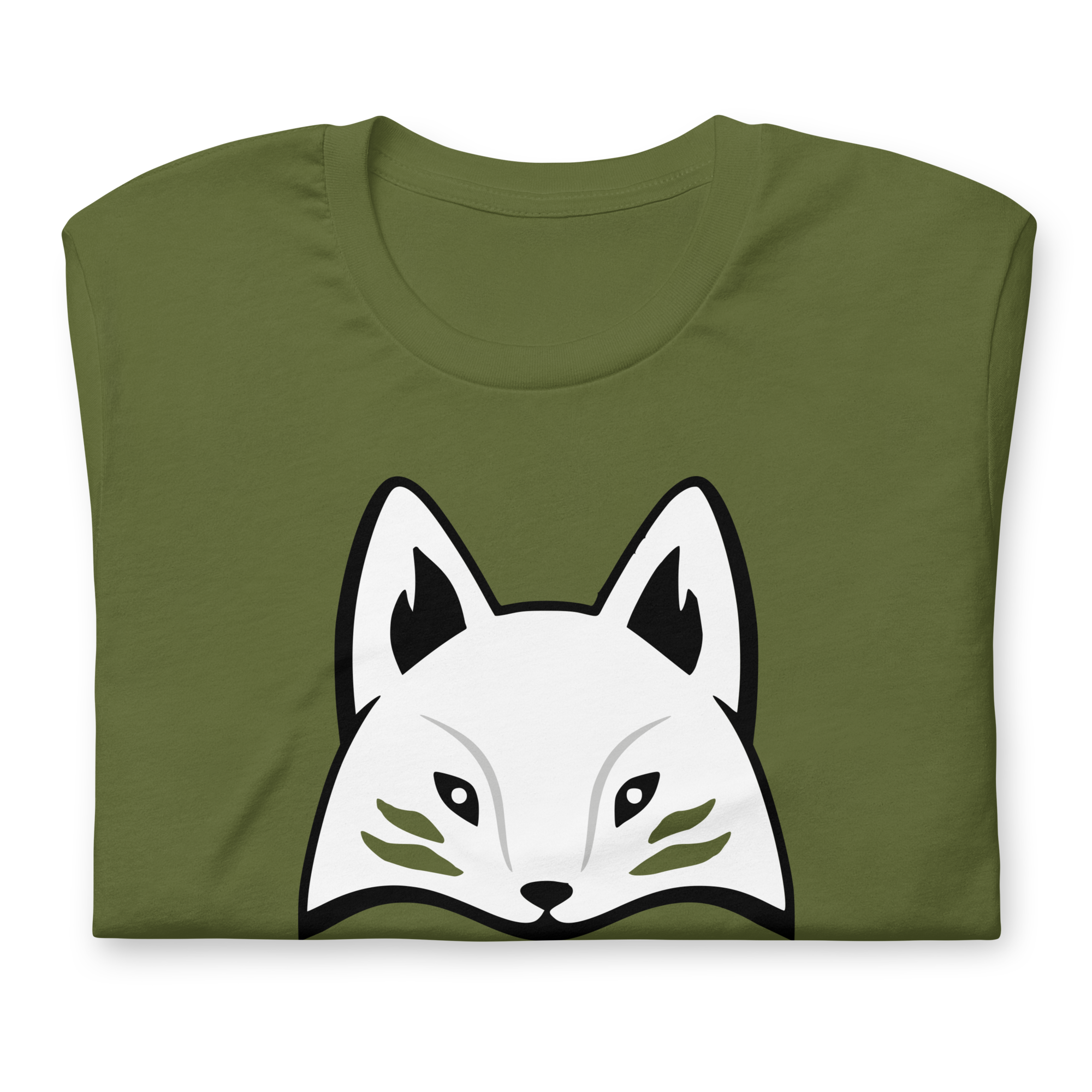 Folded green 100% airlume cotton t-shirt featuring modern red kitsune mask design. Item is a BRKDrip AFOL essentials shirt with a modern elemental brick masters aesthetic.