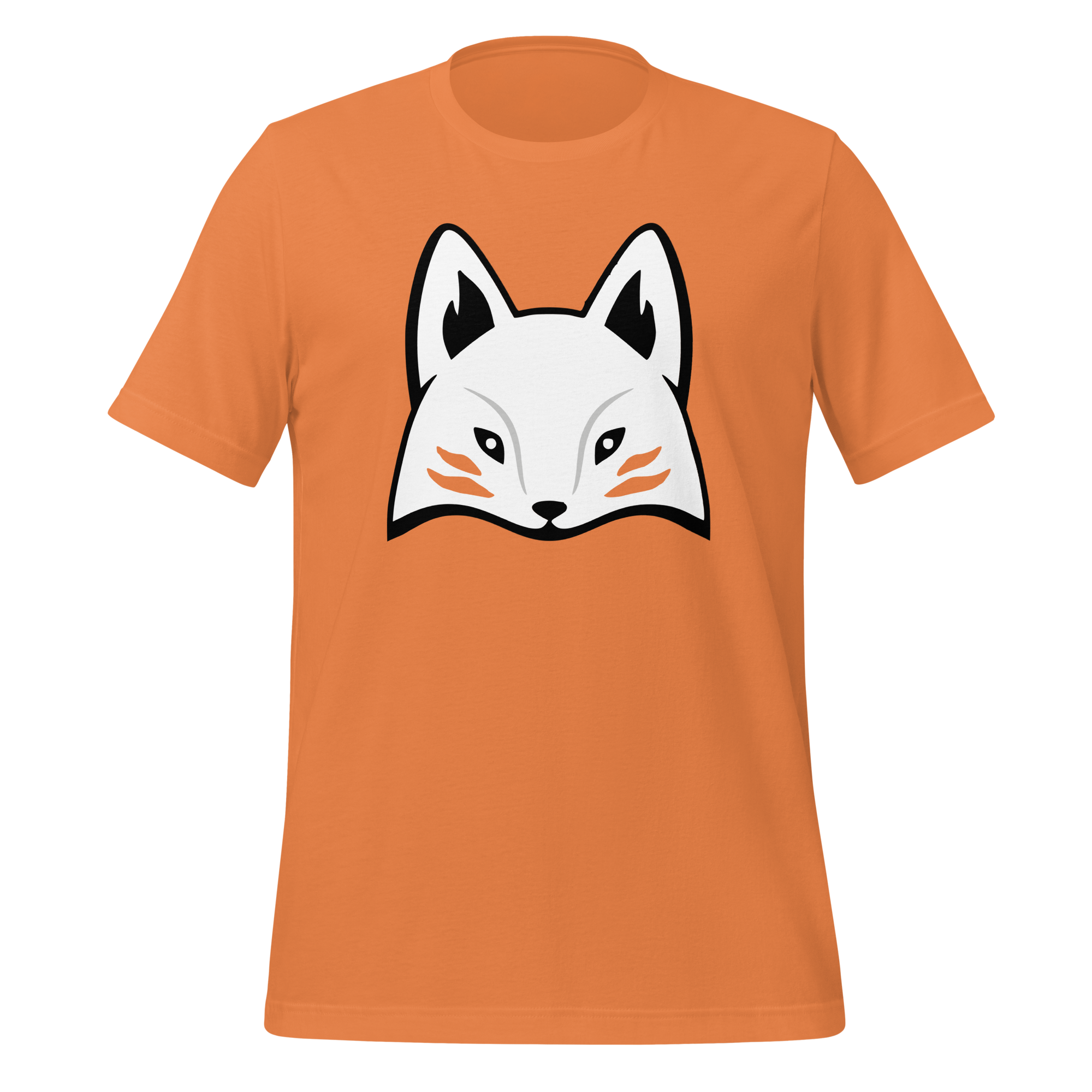 Orange 100% airlume cotton t-shirt featuring modern red kitsune mask design. Item is a BRKDrip AFOL essentials shirt with a modern elemental brick masters aesthetic.