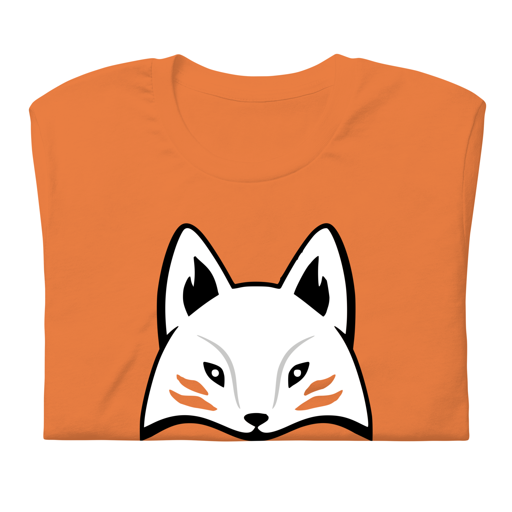 Folded orange 100% airlume cotton t-shirt featuring modern red kitsune mask design. Item is a BRKDrip AFOL essentials shirt with a modern elemental brick masters aesthetic.
