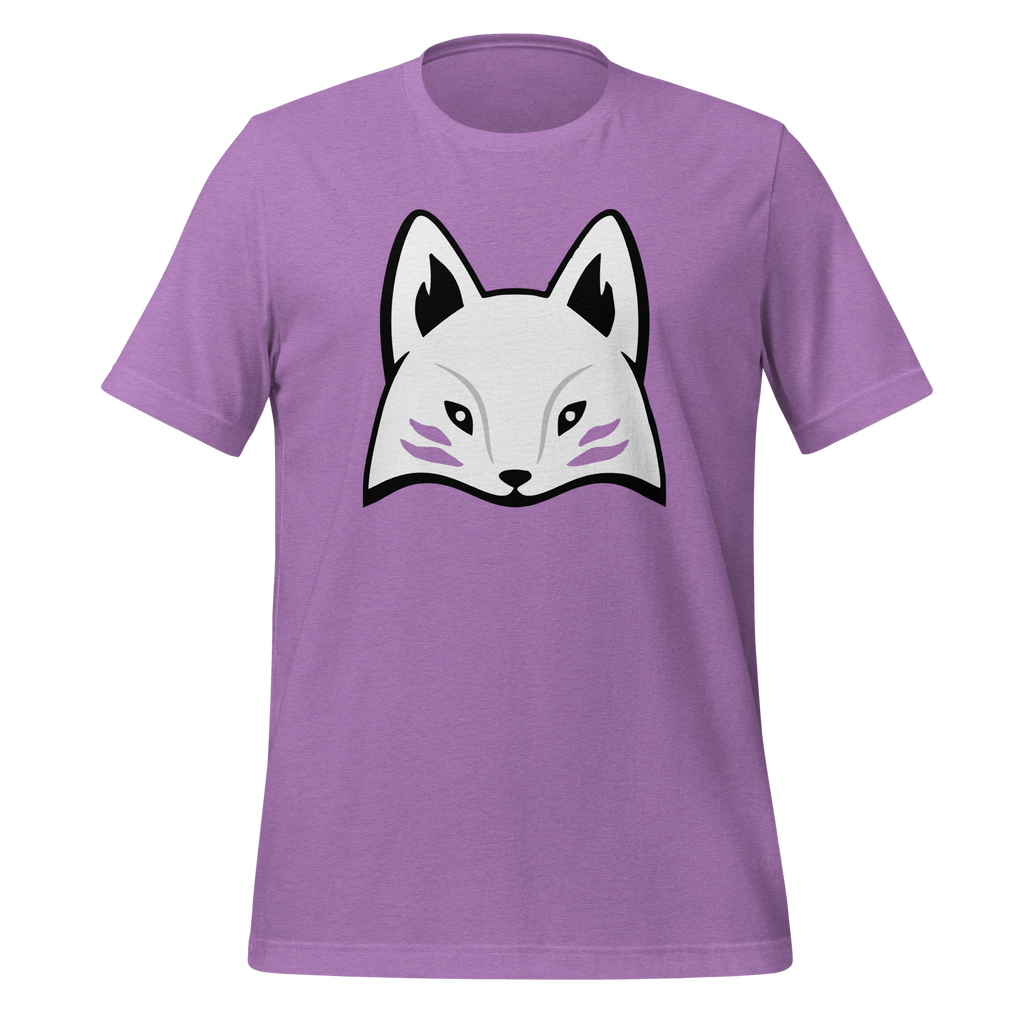 Purple 100% airlume cotton t-shirt featuring modern red kitsune mask design. Item is a BRKDrip AFOL essentials shirt with a modern elemental brick masters aesthetic.