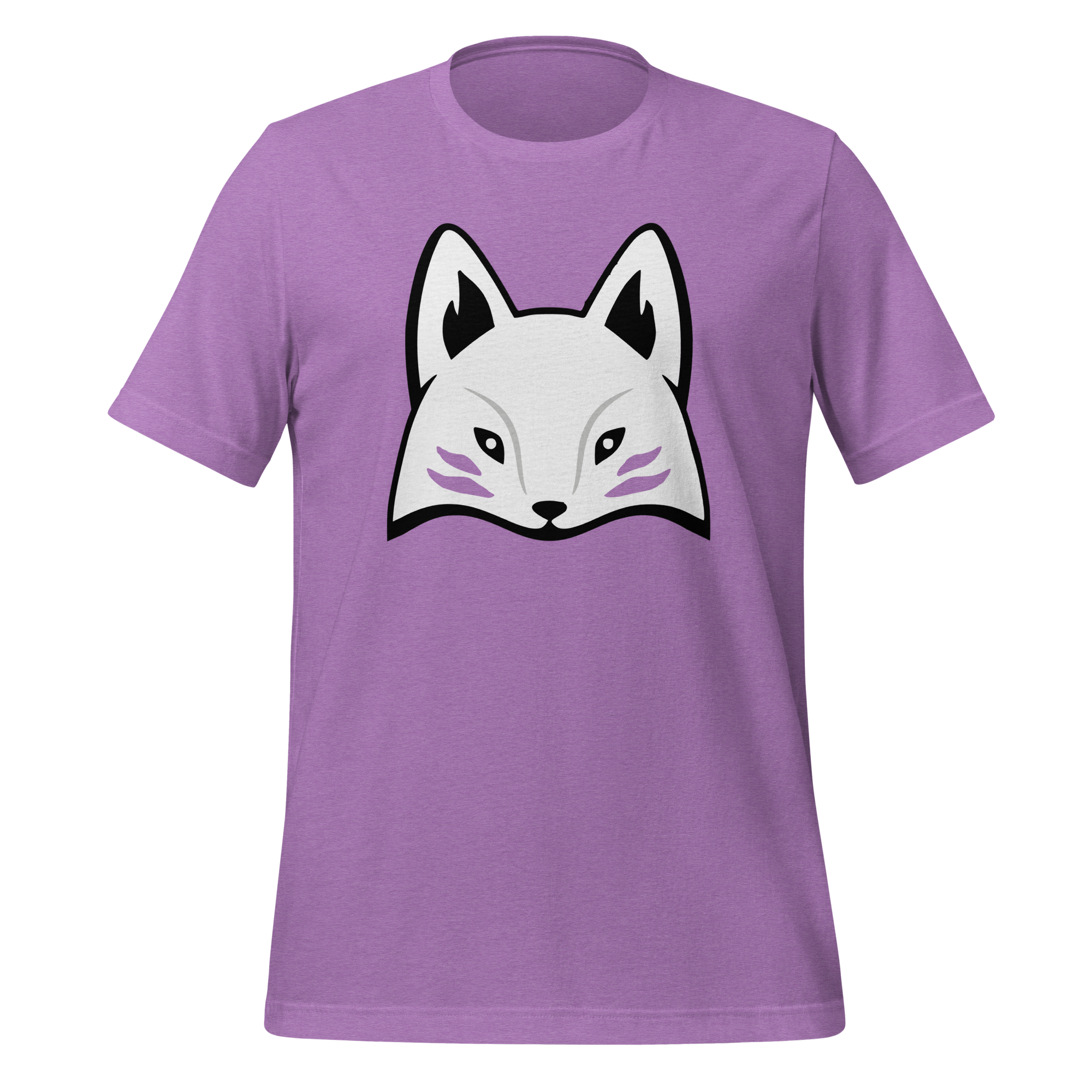 Purple 100% airlume cotton t-shirt featuring modern red kitsune mask design. Item is a BRKDrip AFOL essentials shirt with a modern elemental brick masters aesthetic.