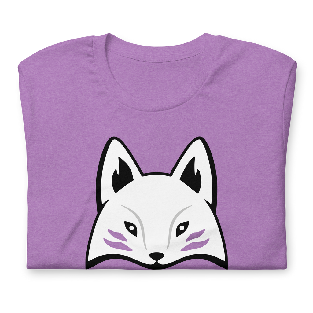 Folded purple 100% airlume cotton t-shirt featuring modern red kitsune mask design. Item is a BRKDrip AFOL essentials shirt with a modern elemental brick masters aesthetic.