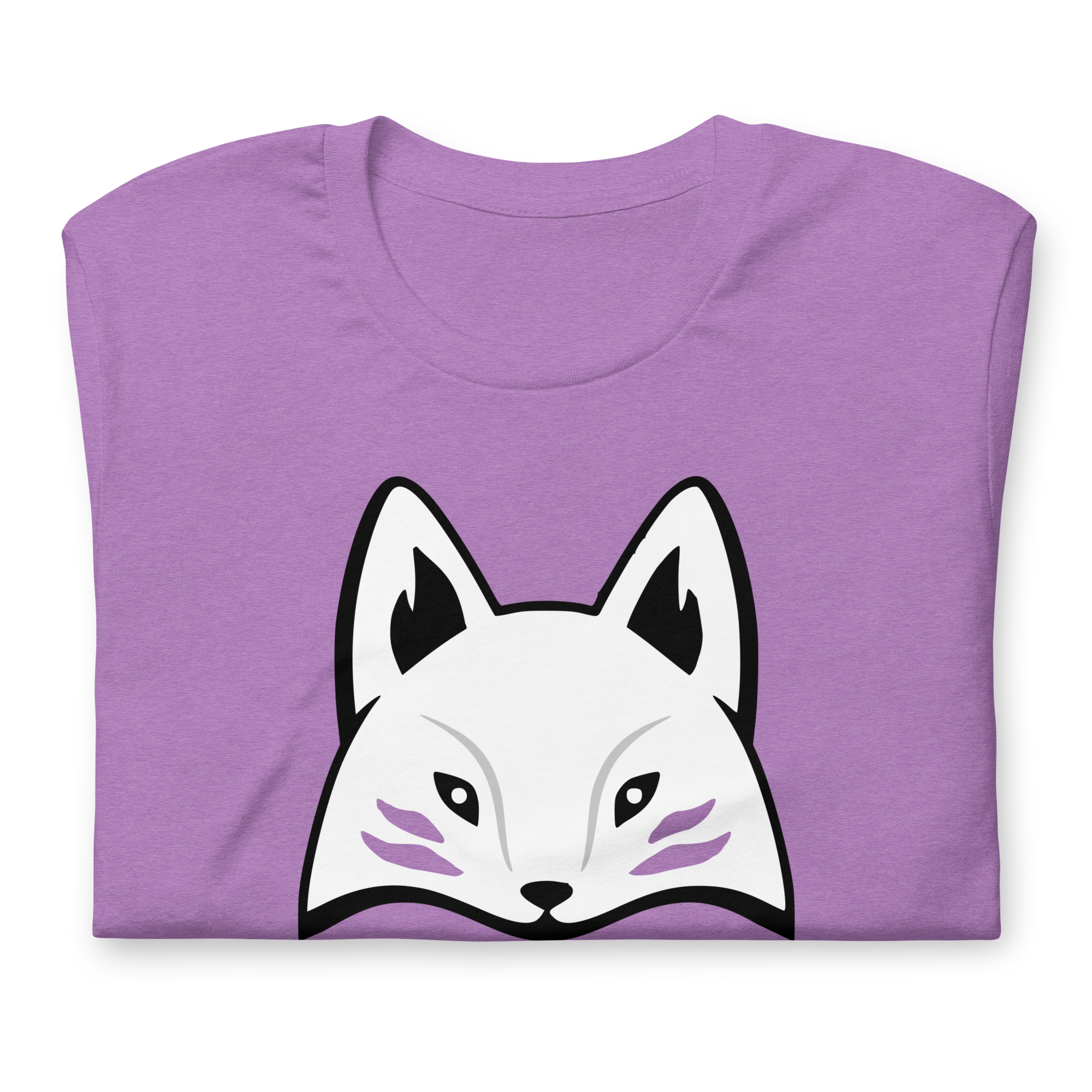 Folded purple 100% airlume cotton t-shirt featuring modern red kitsune mask design. Item is a BRKDrip AFOL essentials shirt with a modern elemental brick masters aesthetic.