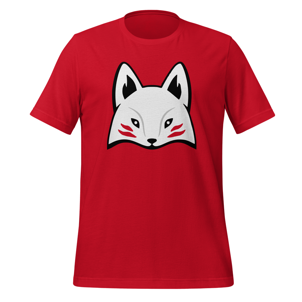 Red 100% airlume cotton t-shirt featuring modern red kitsune mask design. Item is a BRKDrip AFOL essentials shirt with a modern elemental brick masters aesthetic.
